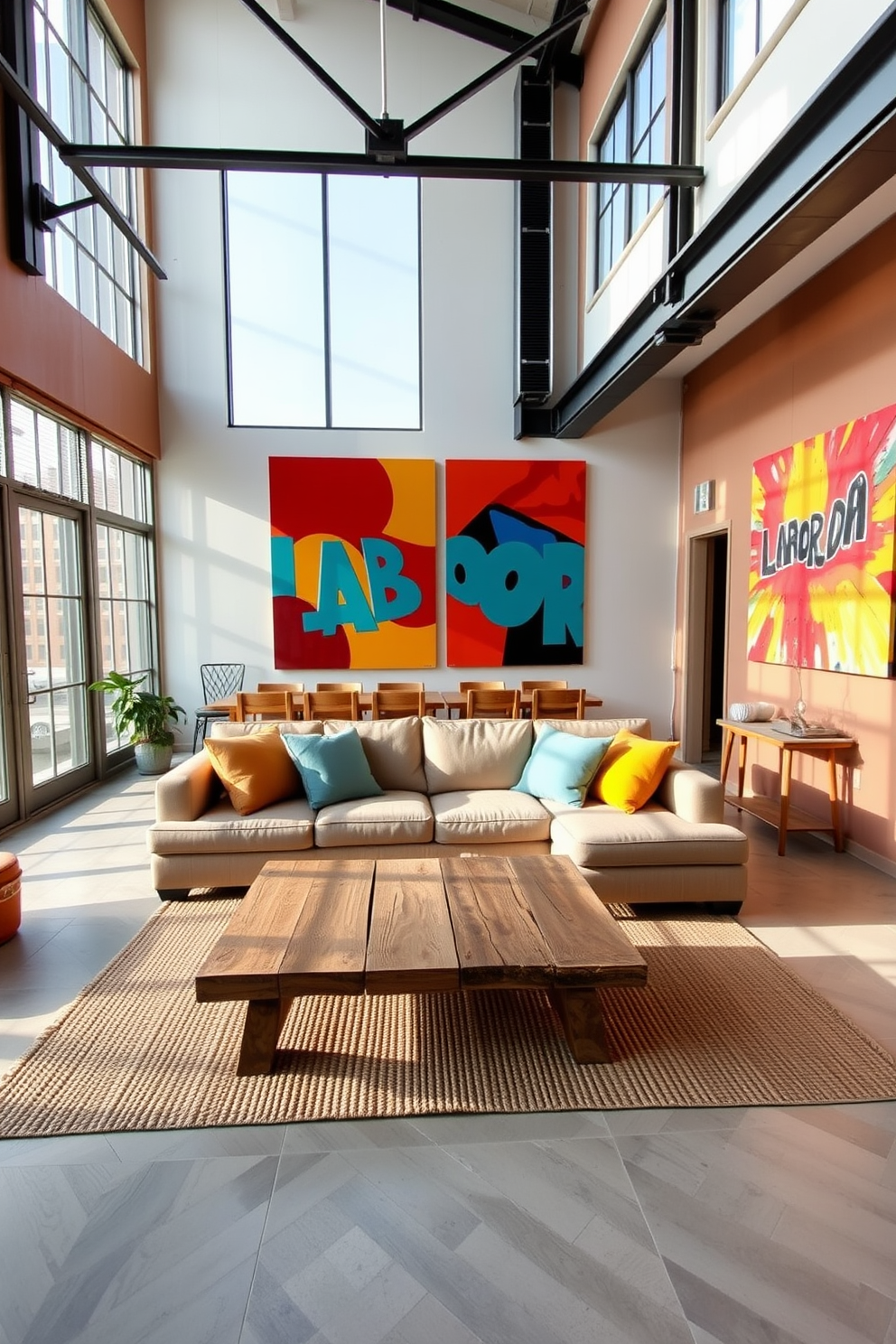 A spacious loft living area with high ceilings and large windows allowing natural light to flood in. The walls are adorned with vibrant wall art that reflects the spirit of Labor Day, featuring bold colors and abstract designs. A comfortable sectional sofa in a neutral tone is positioned in the center of the room, surrounded by a mix of colorful throw pillows. A rustic coffee table made of reclaimed wood sits in front of the sofa, complemented by a woven area rug that adds warmth to the space.