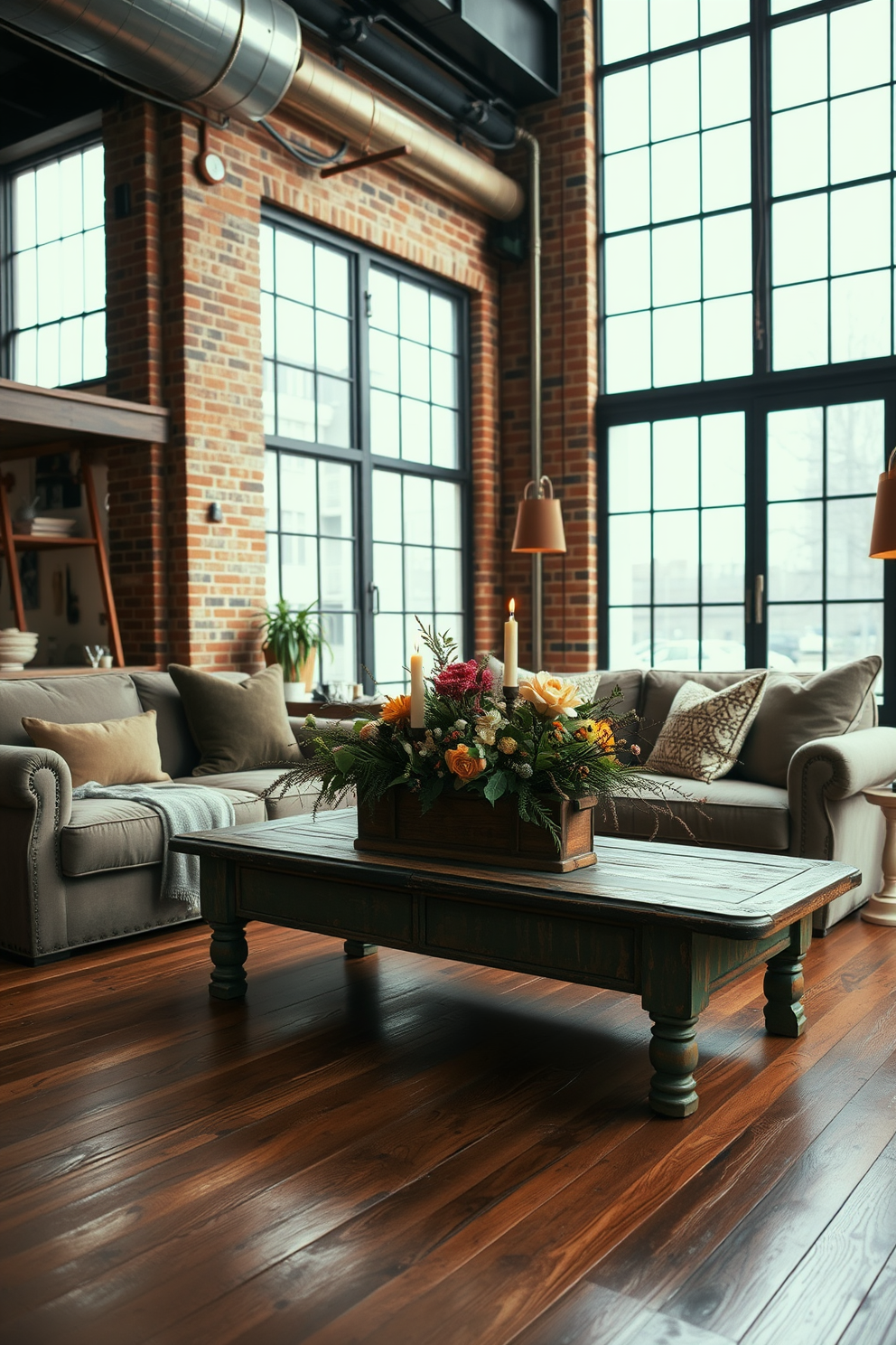 A cozy loft living room featuring warm, industrial elements. In the center, a vintage coffee table serves as the focal point, adorned with a rustic centerpiece of seasonal flowers and candles. The walls are exposed brick, lending character to the space, while large windows allow natural light to flood in. A plush sofa in muted tones complements the rich wood flooring, creating an inviting atmosphere perfect for relaxation.