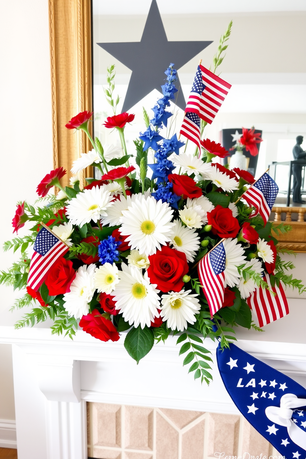 A vibrant red white and blue floral arrangement is artfully displayed on a mantel for a festive Labor Day celebration. The arrangement features fresh flowers such as roses and daisies, complemented by lush greenery and decorative accents like small American flags.