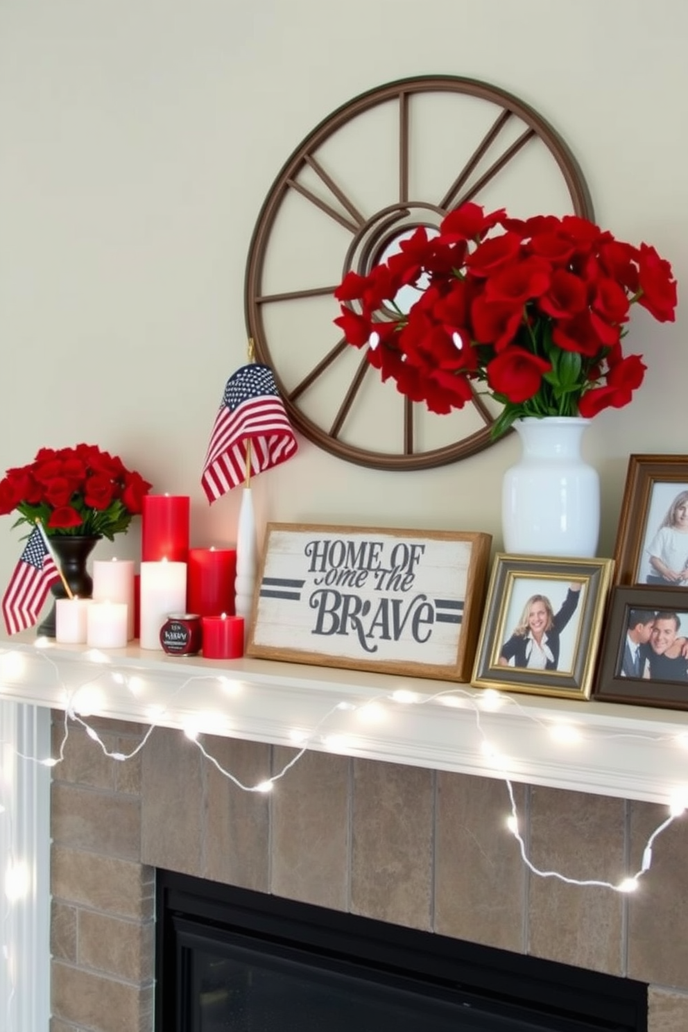 A cozy living room mantel decorated for Labor Day features a neutral color palette with pops of red accents. The mantel is adorned with a collection of red and white candles, interspersed with small American flags and a rustic wooden sign that reads 