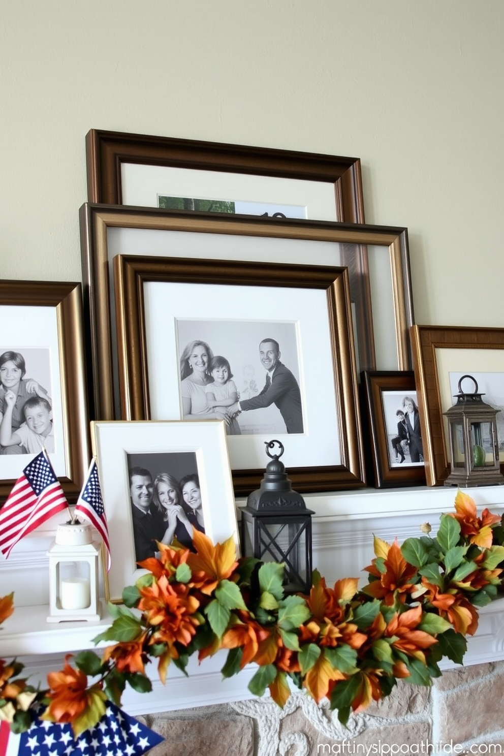 Layered frames display a collection of family photos in various sizes and finishes, creating a warm and personal touch to the mantel. The arrangement showcases cherished memories, with some frames leaning against the wall and others hanging for added dimension. For Labor Day mantel decorating ideas, incorporate seasonal elements such as small American flags and rustic lanterns. Add natural textures with a garland of autumn leaves and pumpkins, creating a festive yet cozy atmosphere.