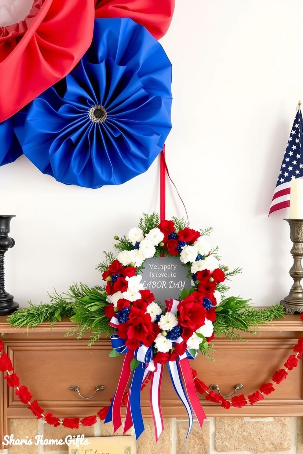 A festive mantel adorned with a wreath made of red white and blue elements for Labor Day. The wreath features vibrant flowers and ribbons, creating a patriotic display that celebrates the holiday spirit.