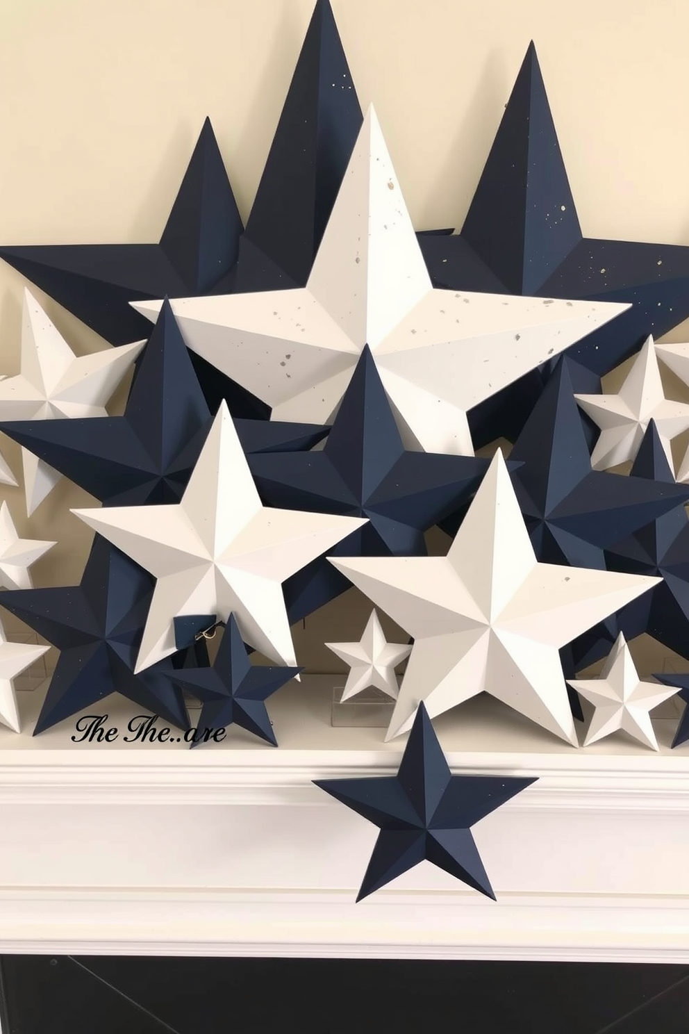 Decorative wooden stars in various sizes are arranged in clusters on the mantelpiece. The stars are painted in shades of white and navy blue, creating a festive yet elegant look for Labor Day celebrations.