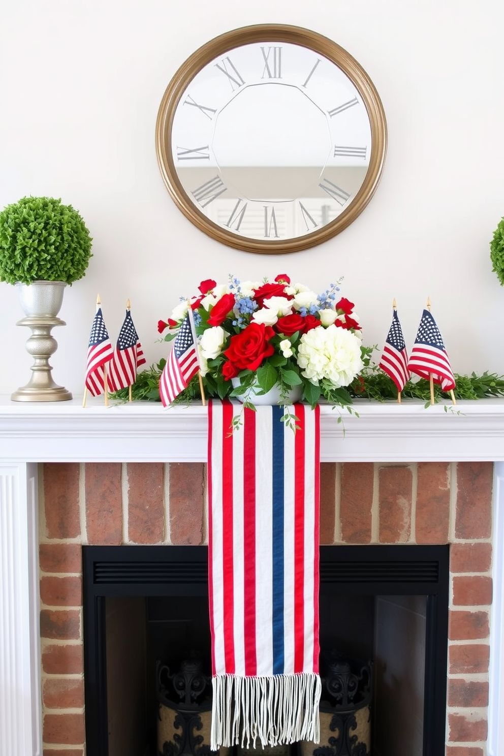 A beautifully styled mantel decorated for Labor Day. A table runner with patriotic stripes drapes elegantly across the mantel, complemented by small American flags and seasonal flowers in red, white, and blue hues.