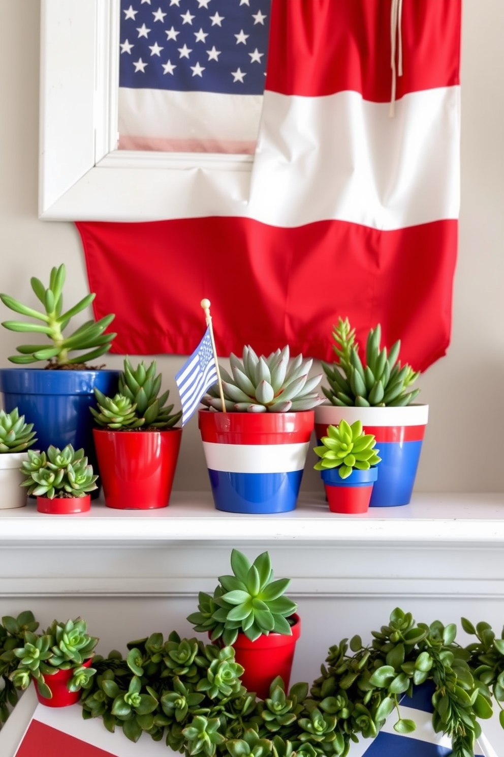 A vibrant mantel decorated for Labor Day featuring succulents in red, white, and blue pots. The arrangement includes various sizes of pots, with the succulents adding a fresh and lively touch to the festive decor.