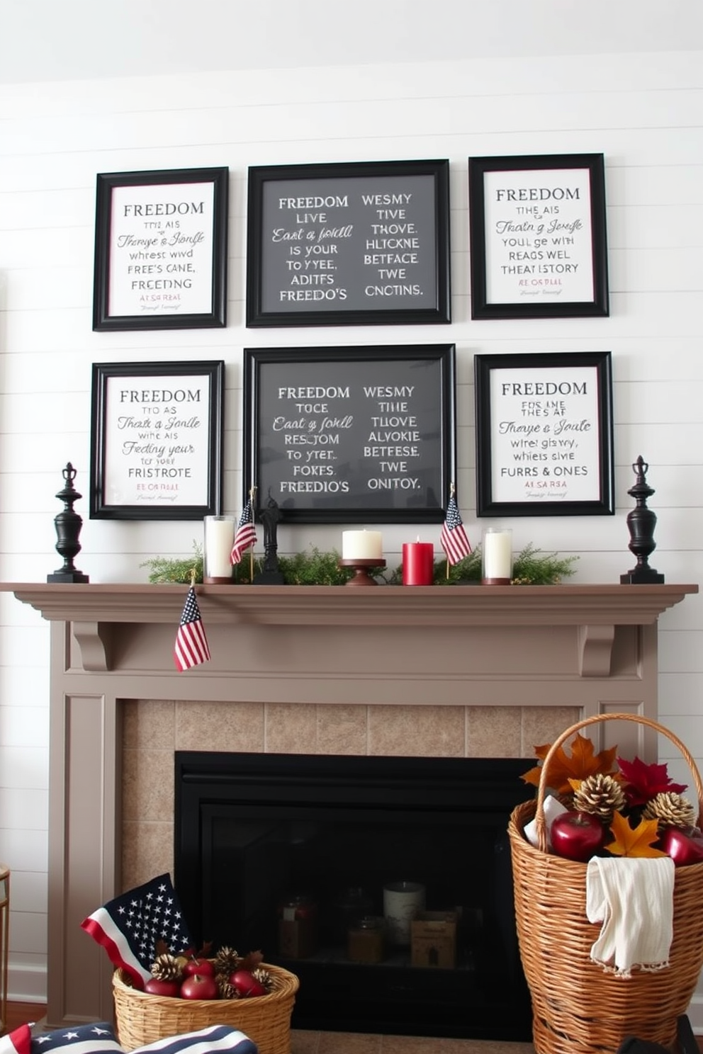 A cozy living room mantel adorned with framed quotes about freedom and unity. The quotes are displayed in elegant black frames, arranged symmetrically above the mantel, complemented by a backdrop of soft white shiplap. On the mantel, seasonal decorations for Labor Day include small American flags and rustic lanterns. A collection of red, white, and blue candles in varying heights adds a festive touch, while a woven basket filled with pinecones and autumn leaves sits to one side.