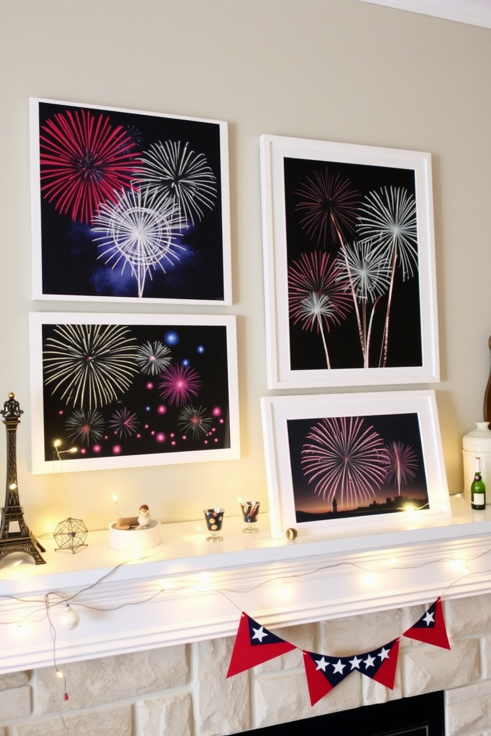 Fireworks themed art prints adorn the mantel, capturing the vibrant colors and energy of a festive celebration. The prints are arranged in a dynamic layout, complemented by twinkling fairy lights and small decorative elements that evoke the spirit of Labor Day.