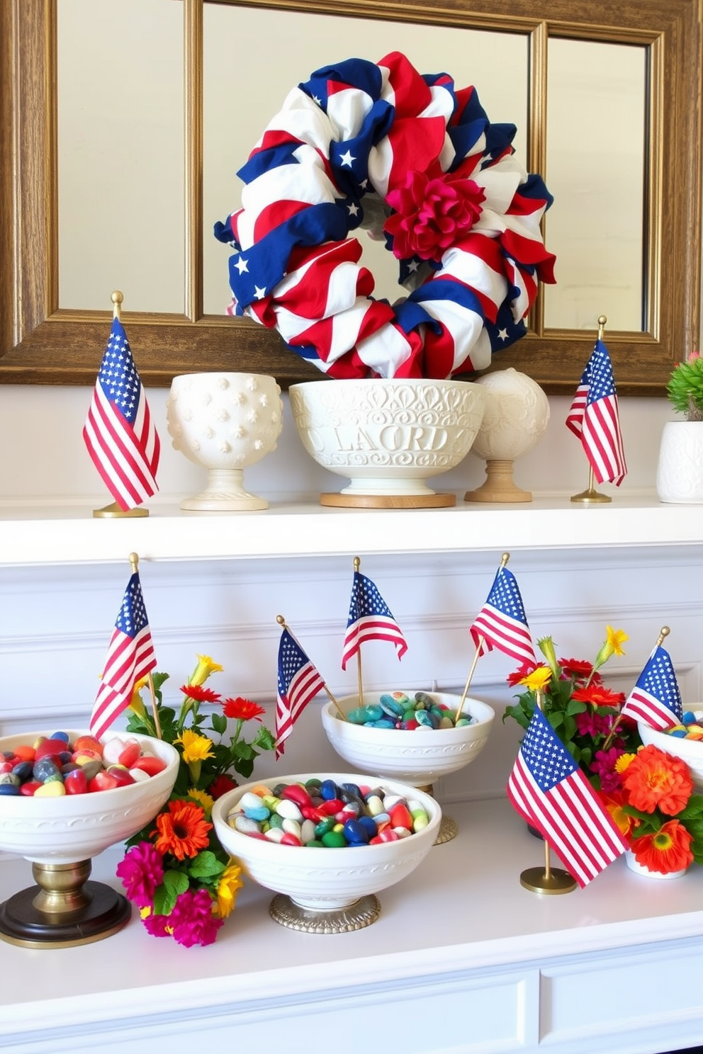 A beautifully arranged mantel decorated for Labor Day features an array of decorative bowls filled with colorful stones. The bowls are placed strategically among small American flags and seasonal flowers to create a festive yet elegant atmosphere.