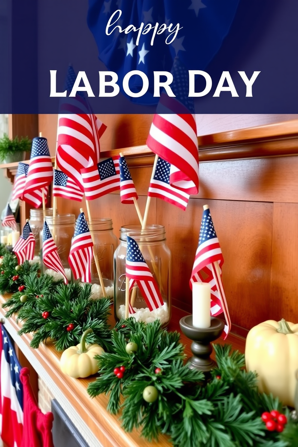 A festive mantel adorned with mason jars filled with mini American flags creates a cheerful atmosphere. The jars are arranged in a row, complemented by seasonal decorations like small pumpkins and rustic candles. Rich red and blue accents enhance the patriotic theme, while a garland of greenery adds a touch of freshness. The backdrop features a warm wooden mantel, creating a cozy and inviting space for celebrating Labor Day.