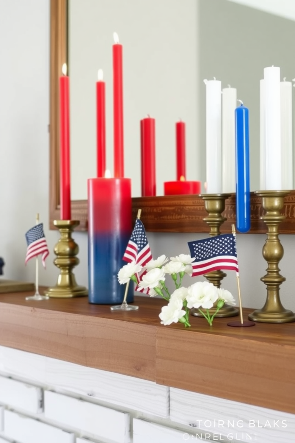 Create a festive mantel display for Labor Day featuring seasonal candles in vibrant red and blue hues. Arrange the candles of varying heights on a rustic wooden mantel, complemented by small American flags and fresh white flowers in a simple vase.