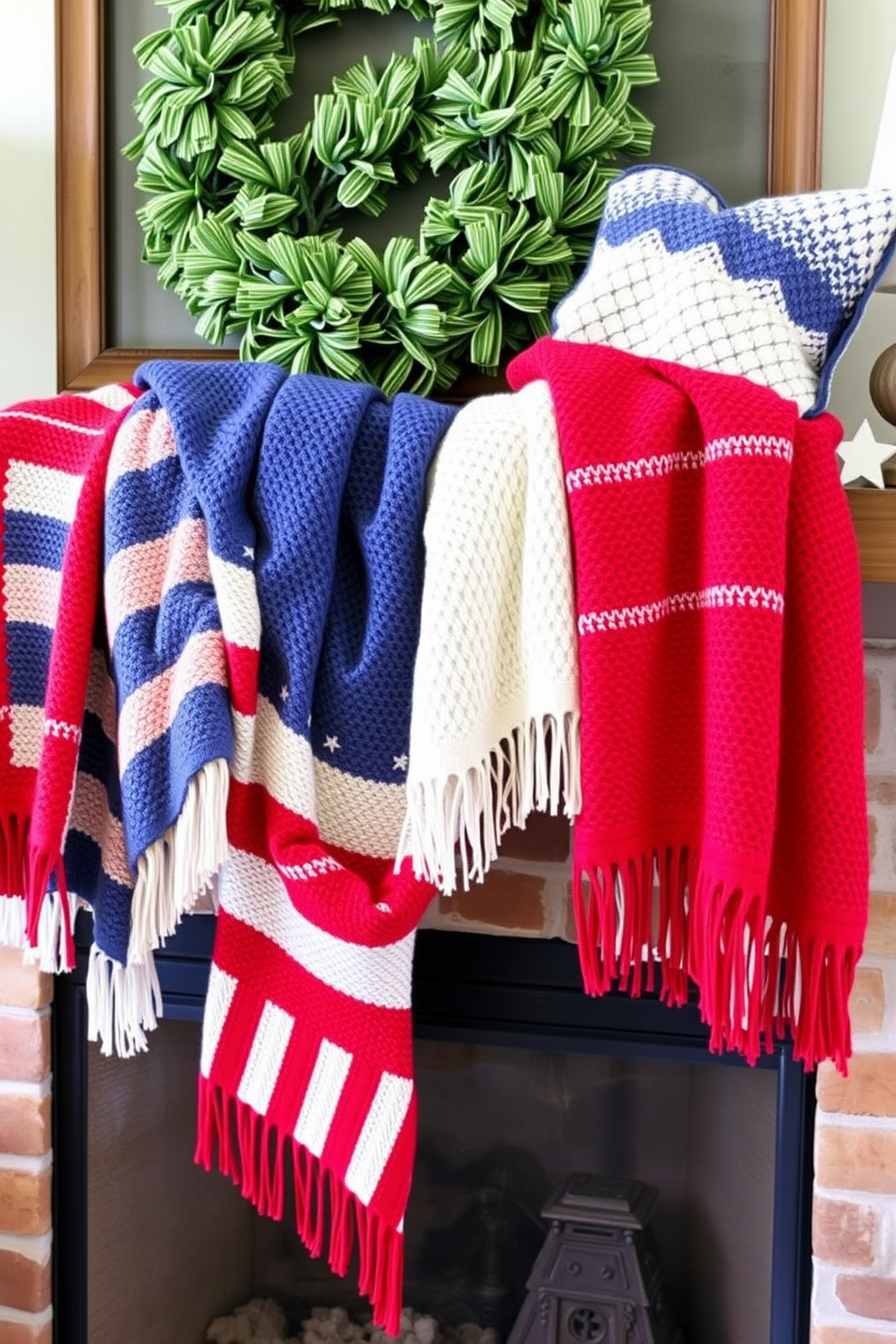 A cozy mantel decorated for Labor Day features textured throws in vibrant red, white, and blue hues. The arrangement includes a mix of knitted and woven fabrics draped elegantly over the mantel, complemented by small decorative elements like stars and stripes.