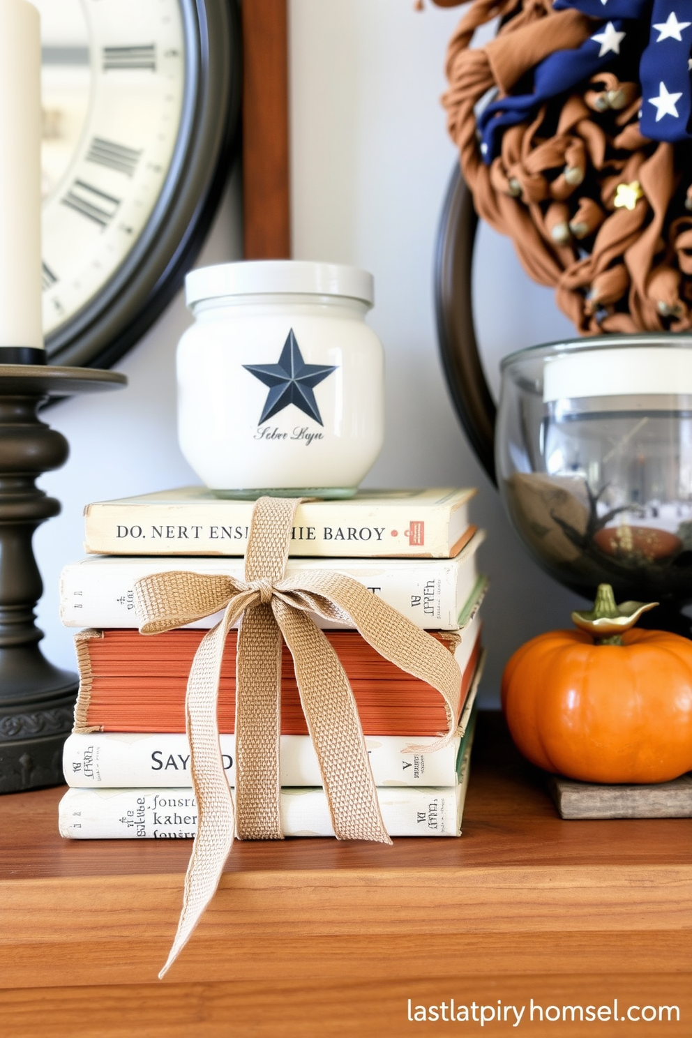 A charming mantel decorated for Labor Day features vintage books neatly stacked and tied with a rustic ribbon. The warm tones of the books complement the seasonal decor, creating a cozy and inviting atmosphere.