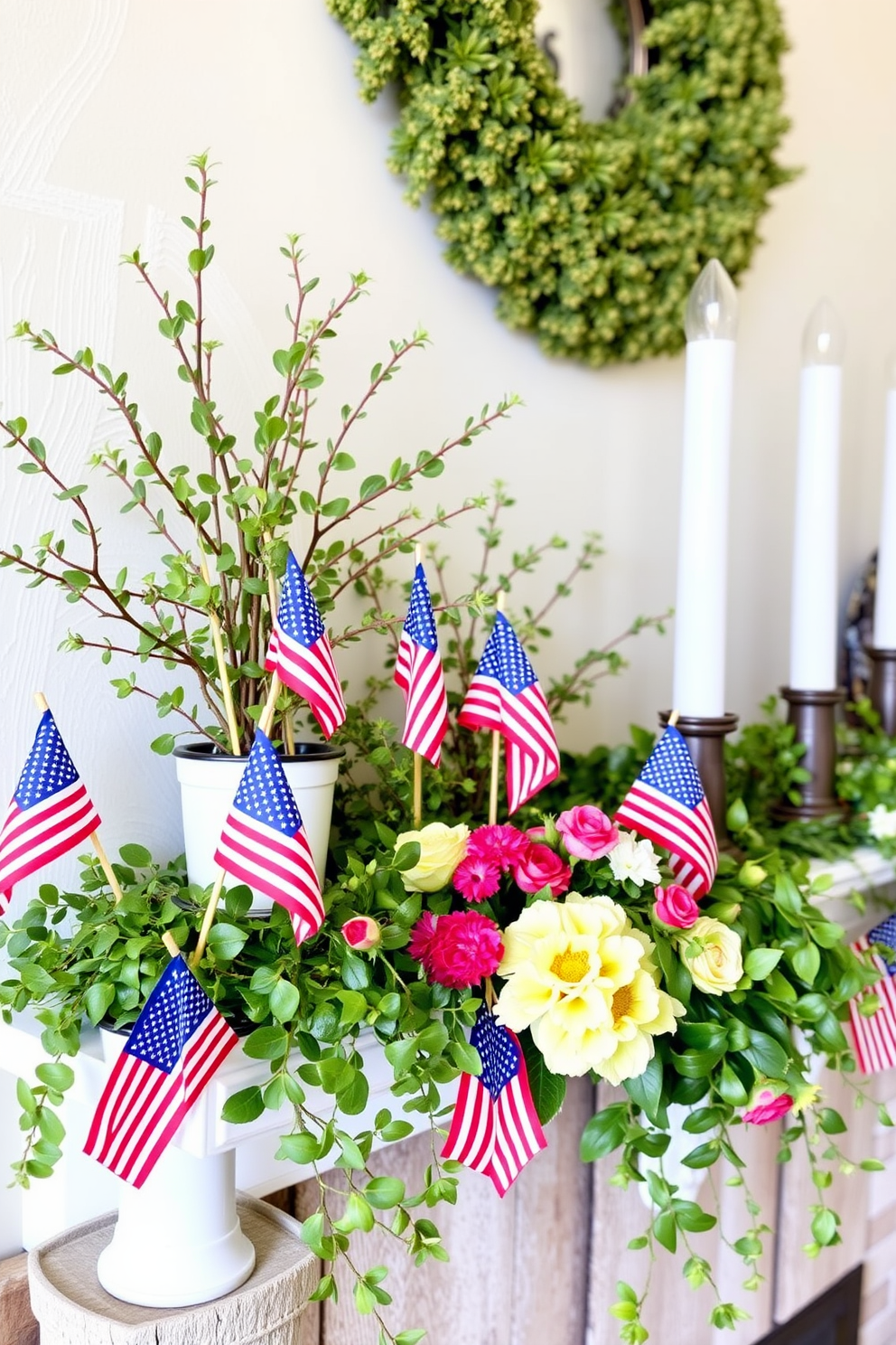 A cozy mantel decorated for Labor Day features simple greenery intertwined with small American flags. The arrangement includes potted plants and fresh flowers, creating a vibrant yet understated display that honors the holiday.