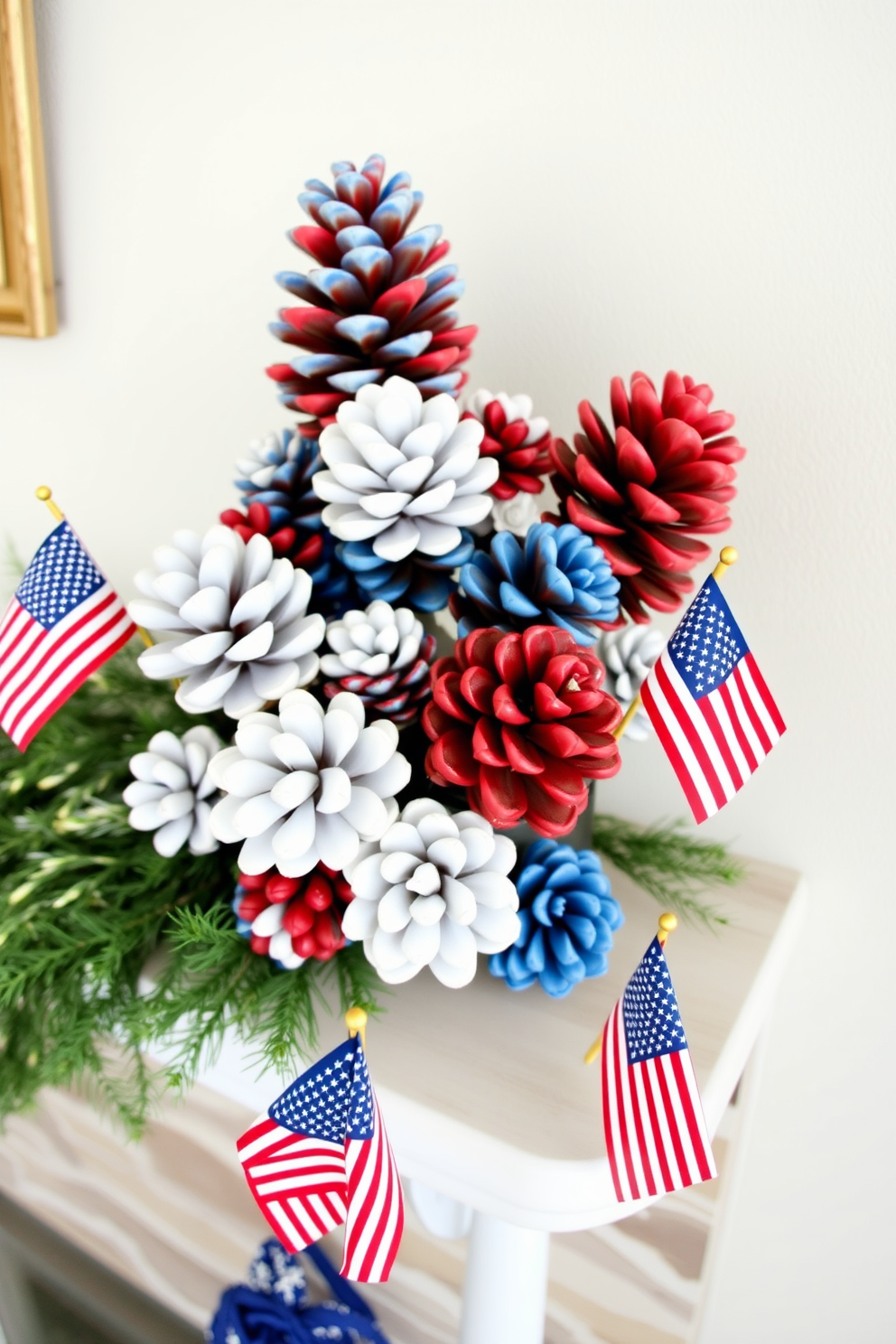 A festive mantel display featuring pinecones painted in red white and blue. The arrangement includes a mix of sizes and textures, complemented by small American flags and seasonal greenery.