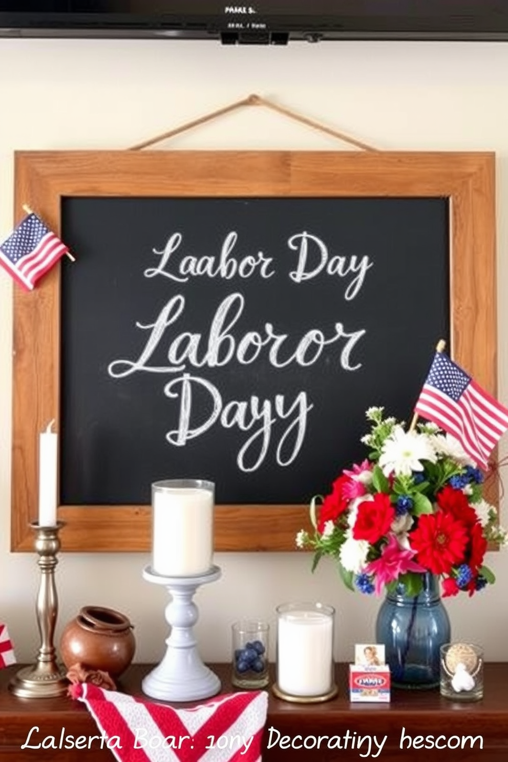 A chalkboard sign is elegantly displayed with a handwritten Labor Day message in white chalk. The sign is framed in rustic wood and adorned with small seasonal decorations like miniature flags and leaves. For Labor Day mantel decorating ideas, a cozy arrangement features a mix of red, white, and blue accents. Fresh flowers in a vase, along with candles and small patriotic ornaments, create a warm and inviting atmosphere.