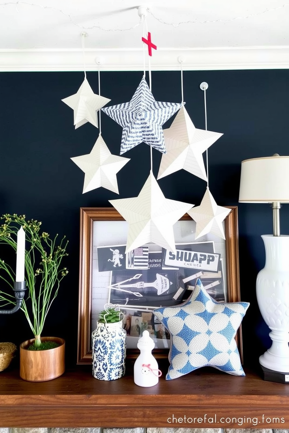 Create a cozy and festive Labor Day mantel display. Incorporate hanging paper lanterns in star shapes to add a whimsical touch to the arrangement.