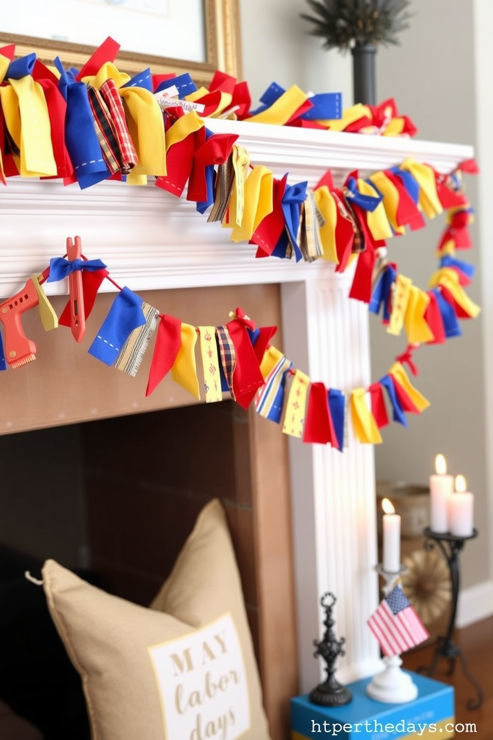 A vibrant mantel adorned with a colorful garland made of various fabric scraps in shades of red, blue, and yellow. The garland drapes elegantly across the mantel, complemented by small decorative items celebrating Labor Day, such as miniature tool motifs and festive candles.