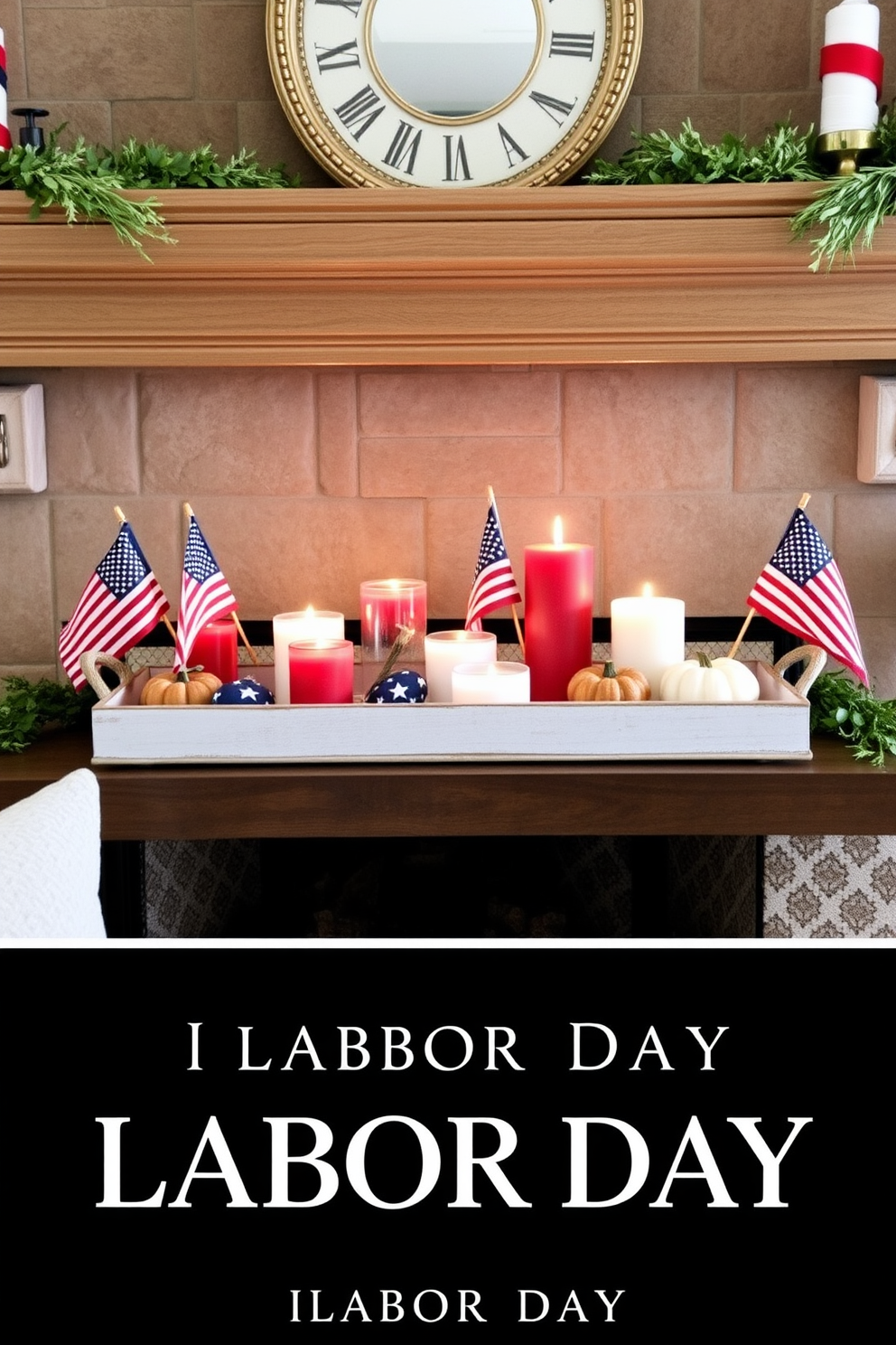 Create a warm and inviting mantel display for Labor Day. Incorporate decorative trays filled with seasonal items such as small American flags, red and blue candles, and rustic pumpkins. Arrange the trays harmoniously with a backdrop of a cozy fireplace. Add touches of greenery and soft textiles to enhance the festive atmosphere.