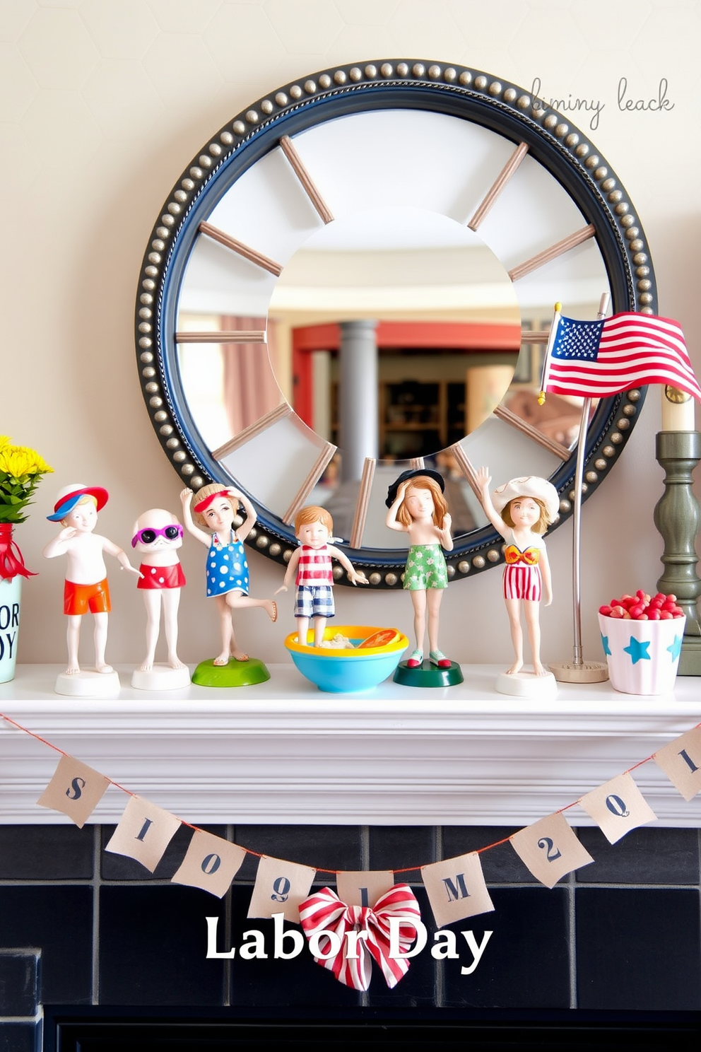 Whimsical figurines depicting summer fun are arranged playfully on a mantel. Brightly colored accents and seasonal decor items complement the figurines, creating a lively and festive atmosphere for Labor Day celebrations.