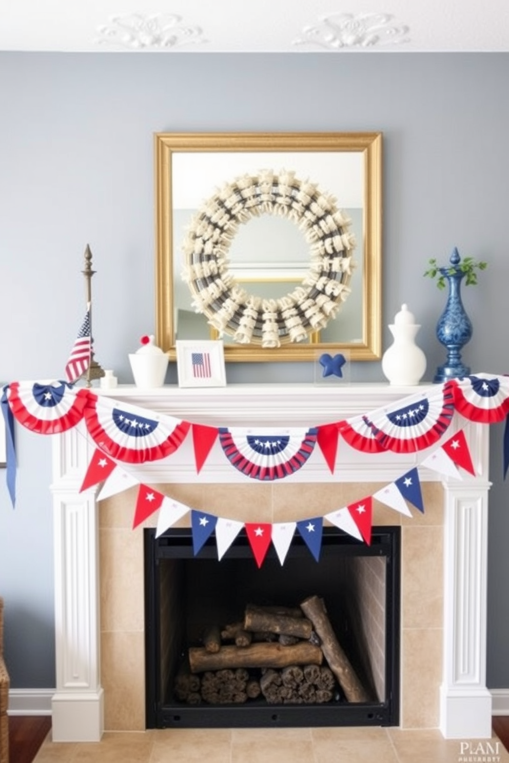 A festive mantel adorned with patriotic bunting in red white and blue colors. The bunting elegantly drapes across the mantel creating a cheerful atmosphere perfect for Labor Day celebrations.