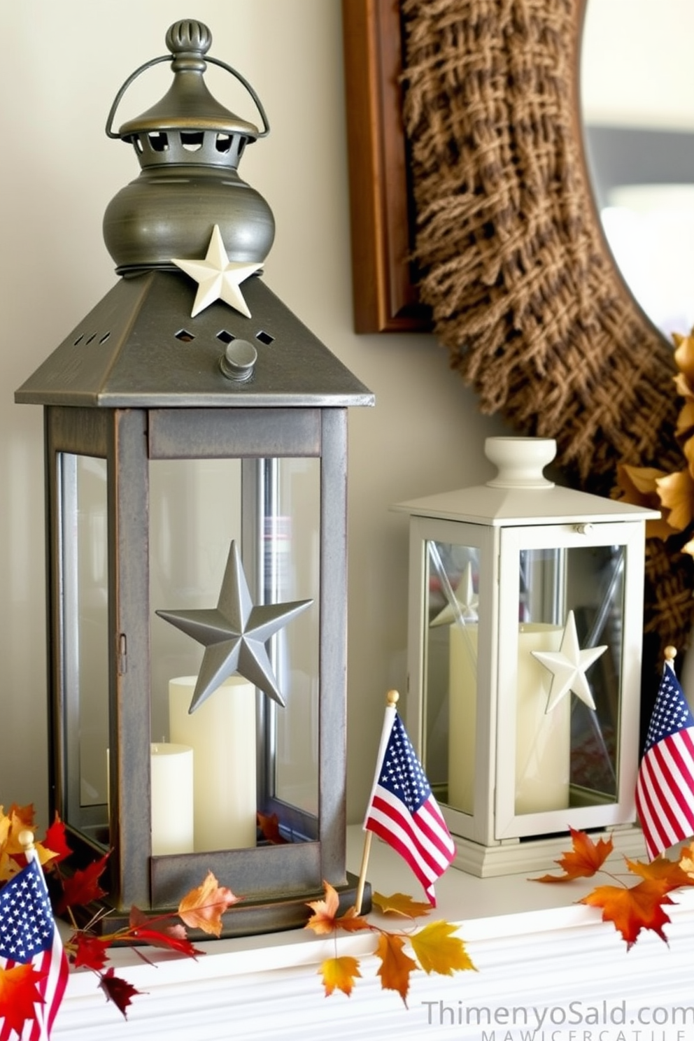 Create a cozy Labor Day mantel setting featuring vintage lanterns adorned with star accents. The mantel is decorated with seasonal elements like small American flags and autumn leaves, enhancing the festive atmosphere.