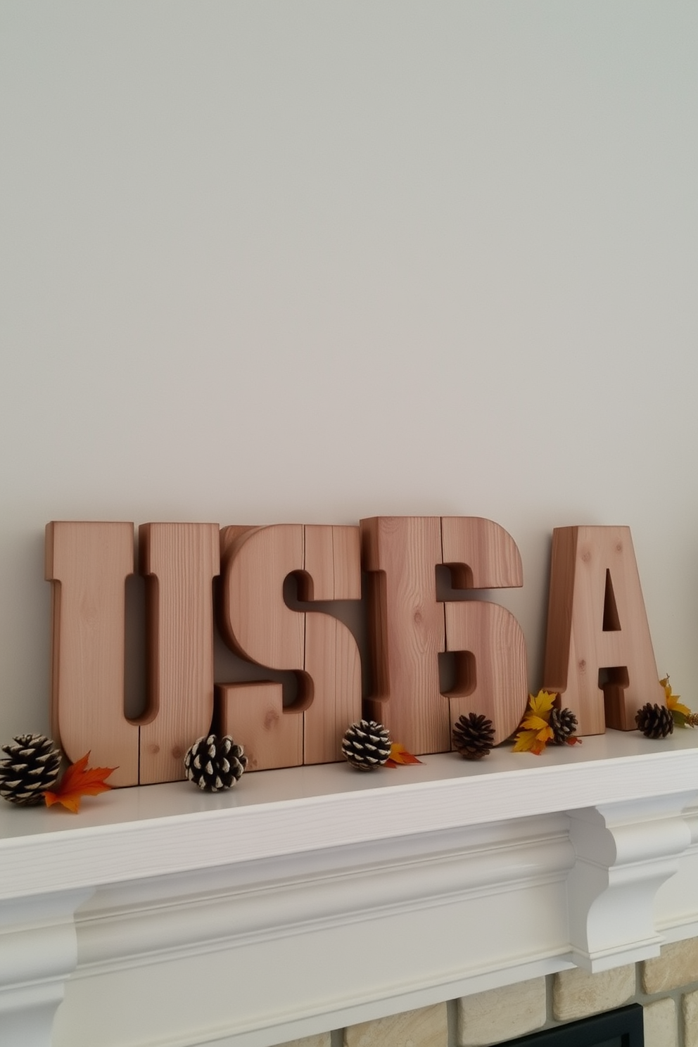 A rustic mantel decor featuring wooden blocks arranged to spell out USA. The blocks are made of reclaimed wood with a weathered finish, complemented by small decorative elements like pinecones and autumn leaves.