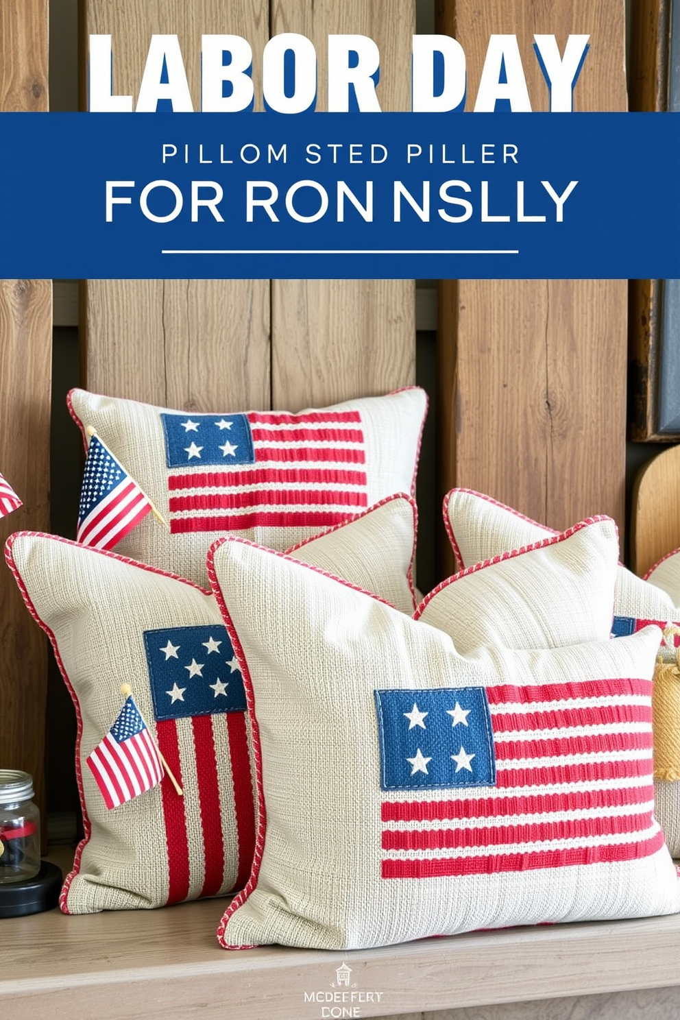 Create a cozy mantel display for Labor Day featuring grainsack pillows adorned with flag motifs. Arrange the pillows against a backdrop of rustic wooden elements, complemented by seasonal decorations like small flags and red, white, and blue accents.