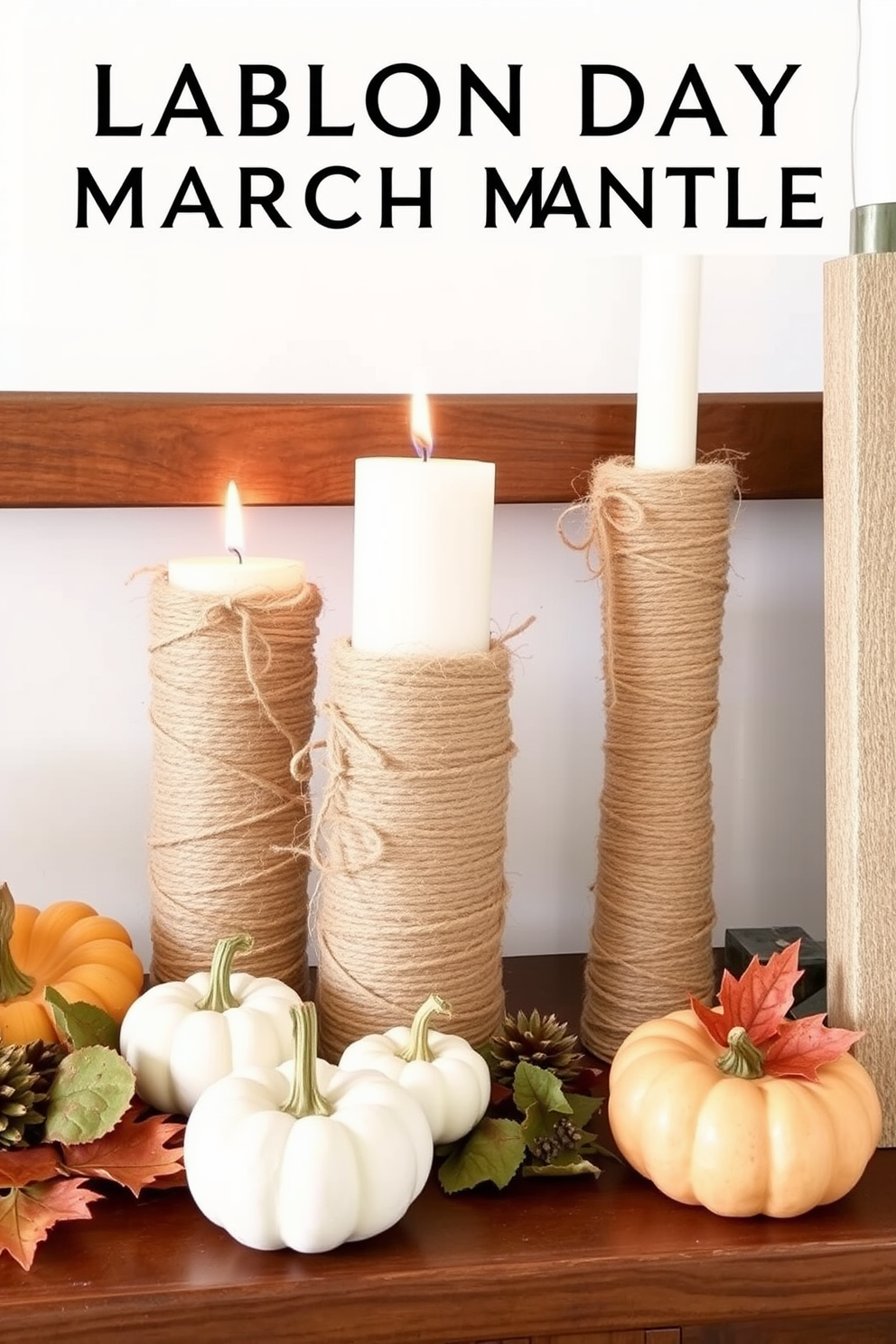 Candle holders wrapped in twine create a rustic and inviting atmosphere for your Labor Day mantel. Arrange them alongside seasonal elements like small pumpkins and autumn leaves for a cohesive look.