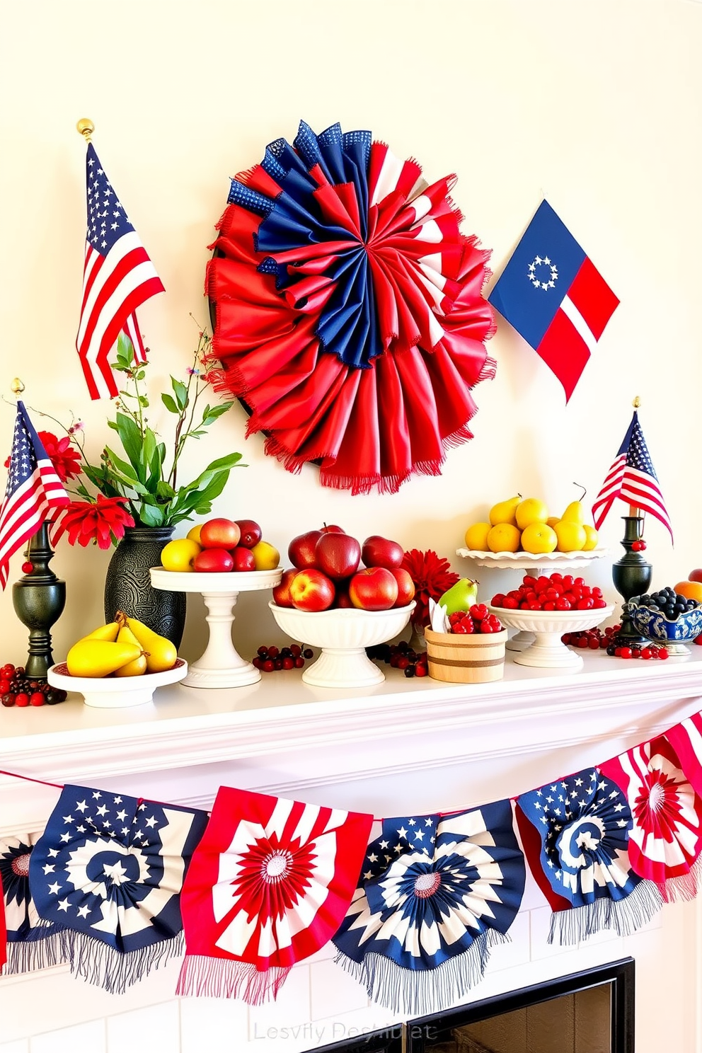 A beautiful mantel decorated for Labor Day features an array of seasonal fruits in vibrant colors. The mantel is adorned with red, white, and blue accents, showcasing fresh apples, pears, and berries arranged in decorative bowls.