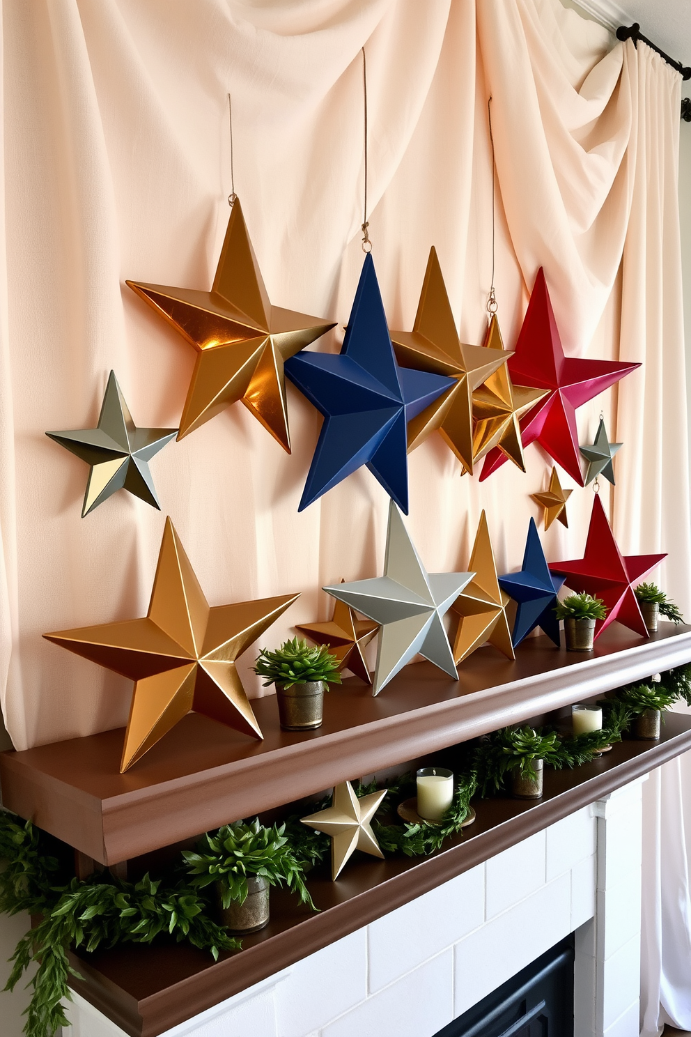 Star-shaped decorations in various sizes adorn the mantel, creating a whimsical and festive atmosphere. The decorations are arranged in a harmonious layout, blending metallic finishes with vibrant colors to celebrate the spirit of Labor Day. The mantel is further enhanced with seasonal accents, such as small potted plants and rustic candles. A backdrop of soft fabric drapes elegantly, providing a cozy and inviting feel to the holiday display.