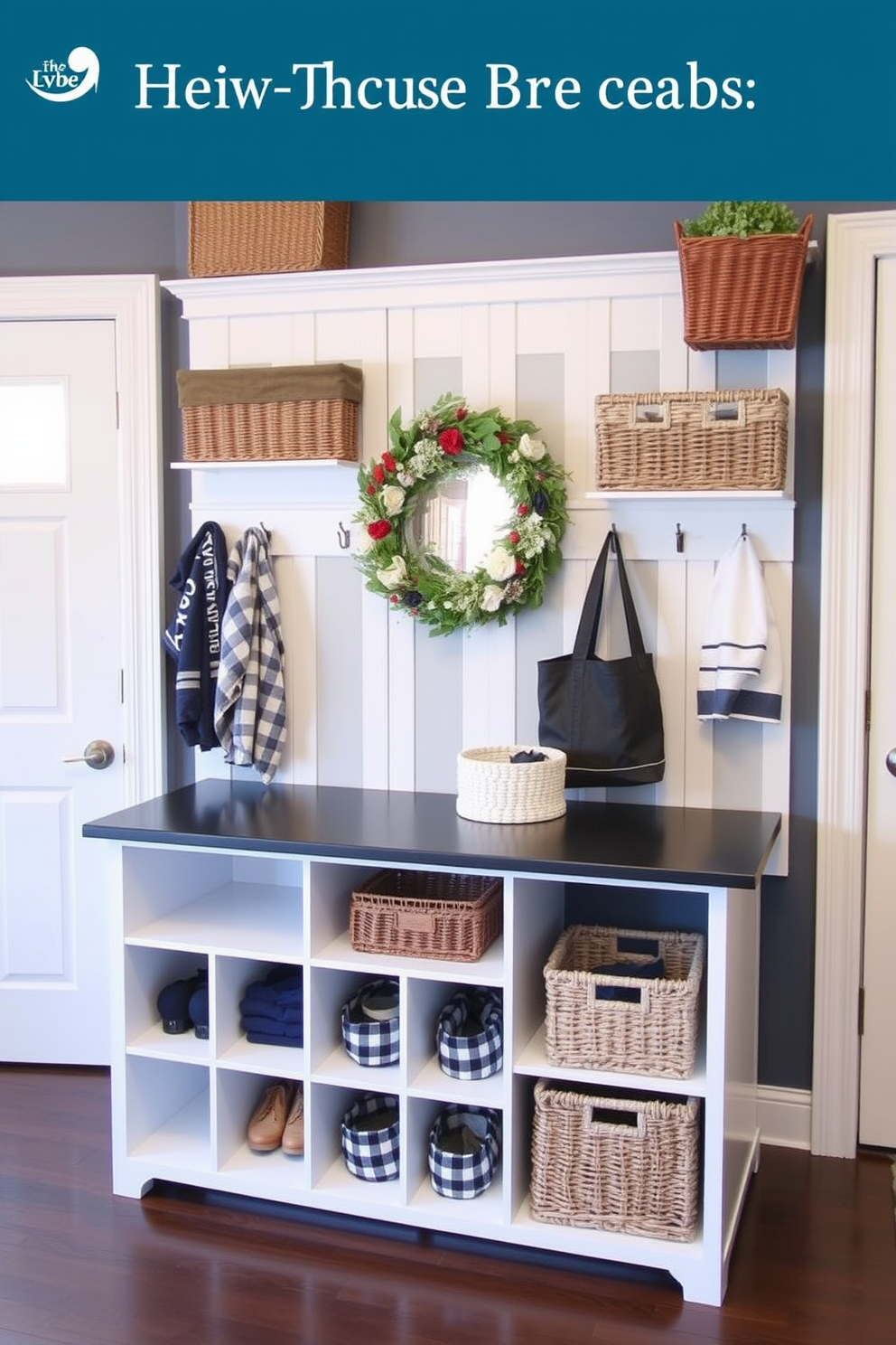 A functional mudroom island designed for organization. It features built-in storage cubbies, a spacious countertop for sorting items, and hooks for hanging coats and bags. The decor incorporates a color palette of navy blue and white to create a fresh look. Decorative elements like a seasonal wreath and stylish baskets enhance the inviting atmosphere.