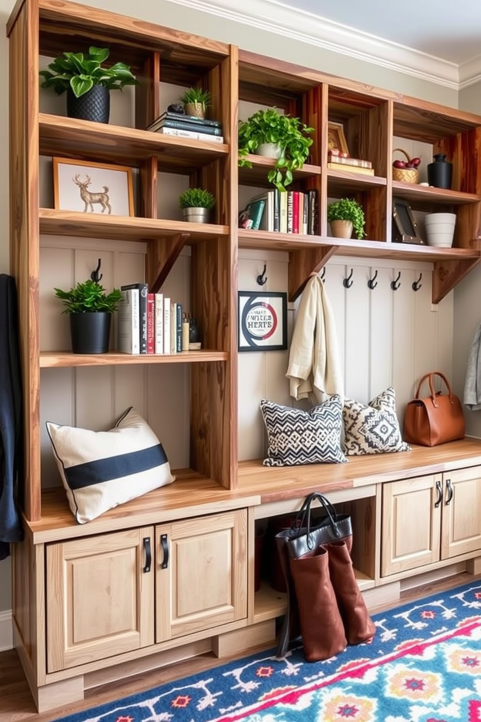 Open shelving designed for decorative displays. The shelves are made of reclaimed wood, showcasing a mix of potted plants, curated books, and unique art pieces. Labor Day mudroom decorating ideas include a functional bench with built-in storage. The walls feature hooks for coats and bags, complemented by a vibrant area rug for added warmth.