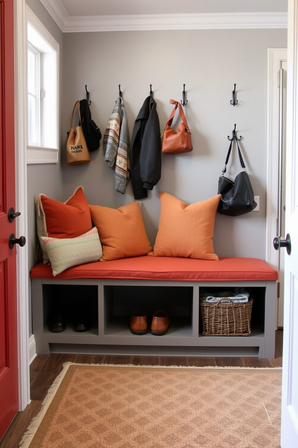 A charming mudroom featuring built-in seating that seamlessly integrates hidden storage underneath. The seating area is adorned with plush cushions in a warm color palette, creating an inviting space for relaxation and organization. The walls are painted in a soft gray tone, complemented by decorative hooks for coats and bags. A stylish area rug adds texture to the floor, enhancing the overall cozy atmosphere of the mudroom.