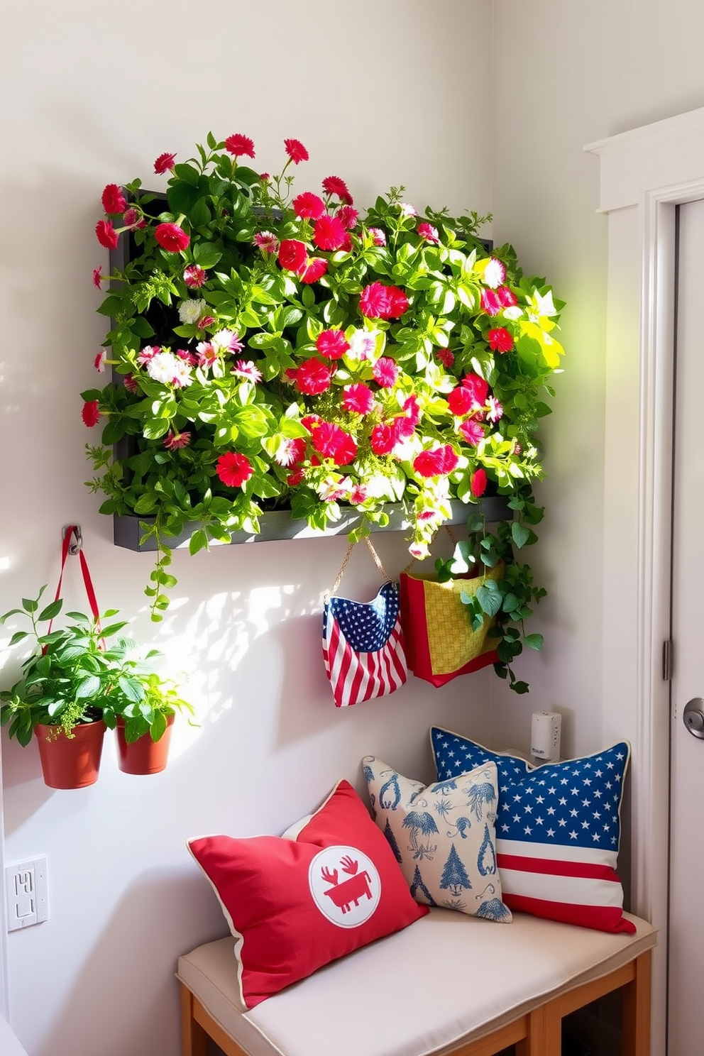 A vertical garden filled with lush greenery and vibrant flowers creates a refreshing focal point in the space. The plants are arranged in a modern wall-mounted planter, enhancing the natural light streaming through the nearby window. For Labor Day, the mudroom is decorated with a cheerful palette of red, white, and blue. Cozy seating is added along with decorative pillows featuring festive patterns, making it a welcoming entryway for guests.