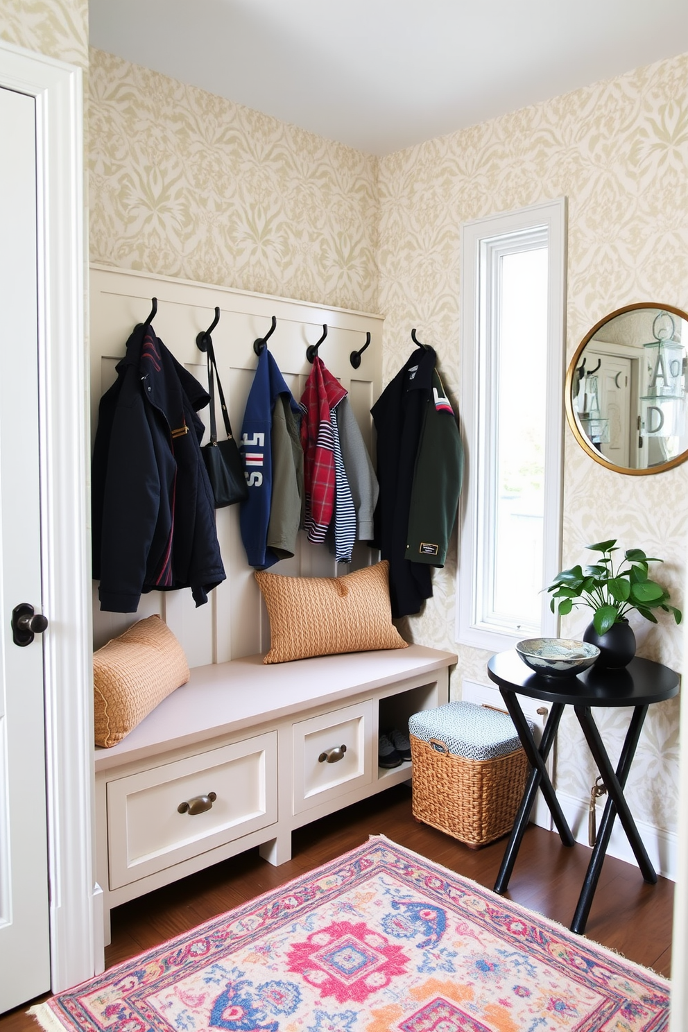 A cozy mudroom featuring patterned wallpaper in soft pastel colors that adds a unique flair to the space. The room includes a built-in bench with storage underneath and hooks above for hanging jackets and bags. To the right, a small table holds a decorative bowl for keys and a potted plant for a touch of greenery. A colorful rug lies on the floor, providing warmth and comfort as you enter the home.