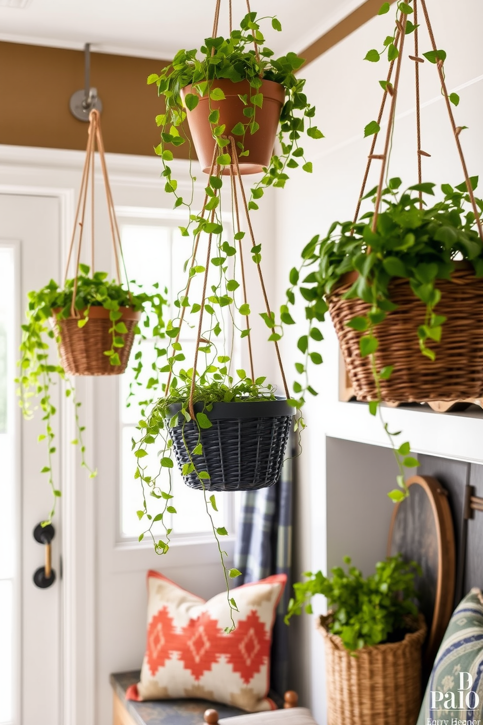 Hanging planters filled with lush greenery create a vibrant indoor atmosphere. The planters are suspended from the ceiling at varying heights, allowing trailing vines to cascade elegantly. Labor Day mudroom decorating ideas focus on creating a welcoming and functional space. Incorporate seasonal decor like rustic baskets and colorful throw pillows to enhance the cozy ambiance.