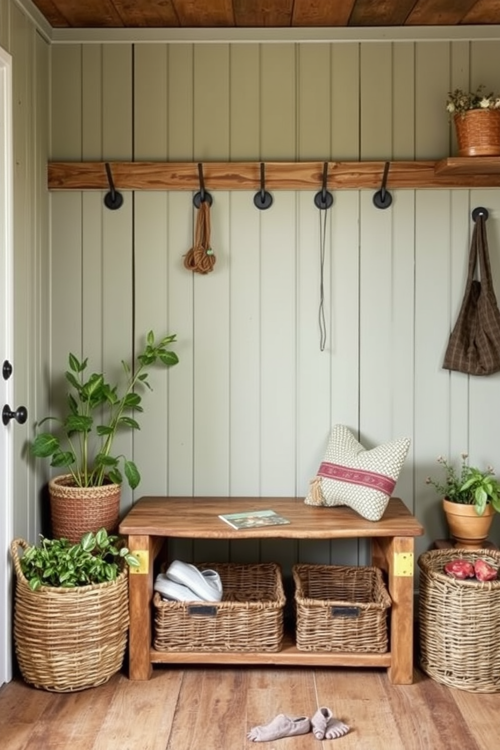 Create a cozy mudroom that embodies a rustic charm with vintage hooks adorning the walls. Include a weathered wooden bench for seating, surrounded by natural elements like potted plants and woven baskets for storage.