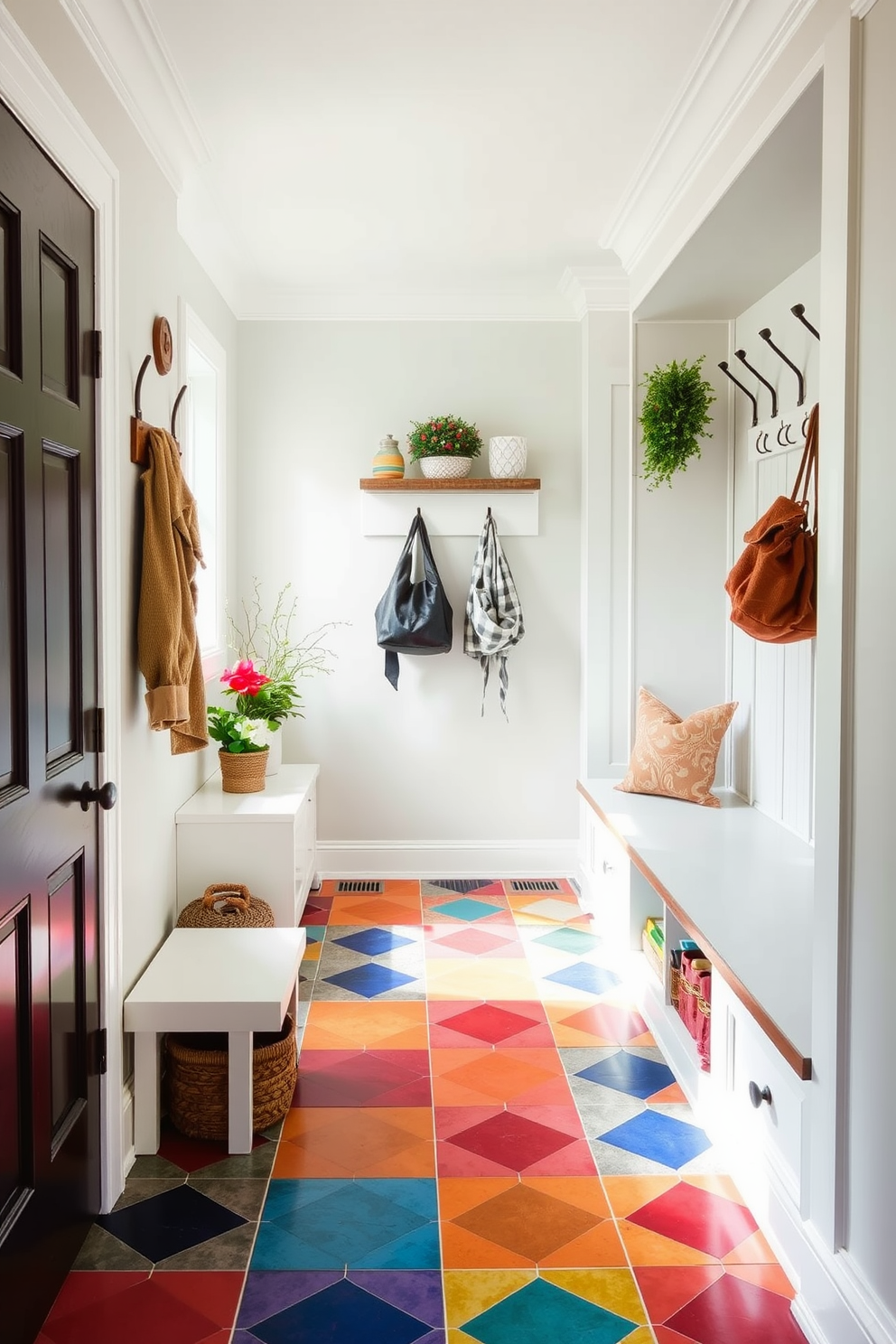 A vibrant mudroom features colorful tile flooring that adds a playful touch to the space. The walls are painted in a soft neutral tone, allowing the tiles to stand out as a focal point. Functional storage solutions are incorporated, such as built-in benches and hooks for coats and bags. Decorative elements like potted plants and seasonal decor enhance the welcoming atmosphere of the mudroom.