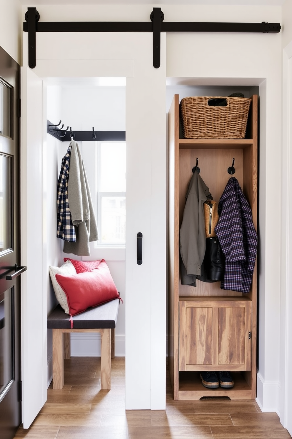 Create a cozy mudroom featuring a sliding barn door that maximizes space efficiency. The room includes hooks for coats, a bench for seating, and a rustic storage cabinet for shoes and outdoor gear.