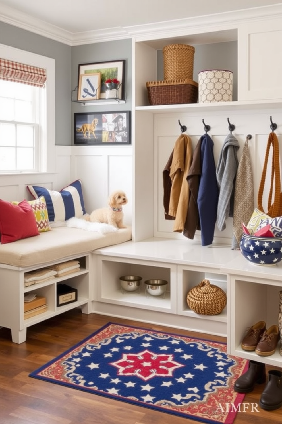 A stylish integrated pet area designed for furry friends features a cozy nook with a plush bed and storage for toys. The space includes a feeding station with elegant bowls and a decorative rug that complements the overall decor. Labor Day mudroom decorating ideas showcase a welcoming entryway with built-in benches and hooks for coats. The design incorporates seasonal decor elements like patriotic colors and accents, along with functional storage solutions for shoes and outdoor gear.