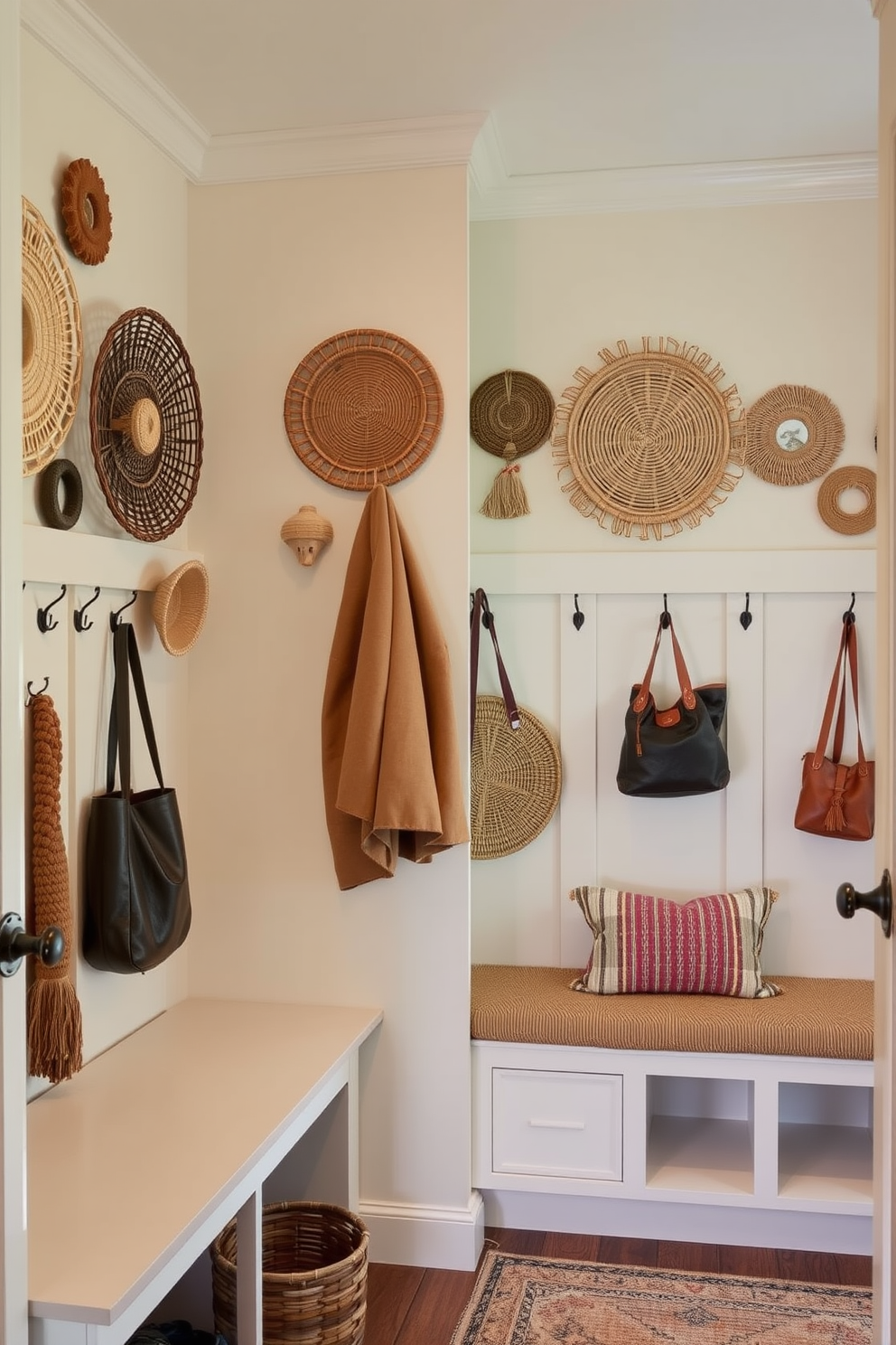 A cozy mudroom featuring woven wall art that adds warmth and texture to the space. The walls are adorned with a variety of handcrafted pieces in natural fibers, creating a welcoming atmosphere. Functional storage solutions are incorporated with built-in benches and hooks for coats and bags. The color palette includes earthy tones and soft lighting that enhance the inviting feel of the room.