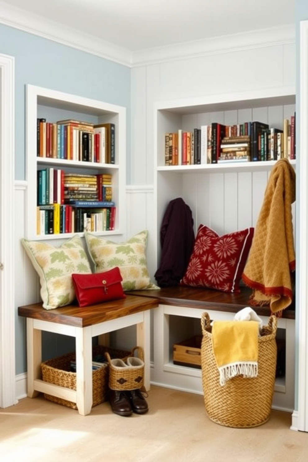 A cozy mudroom featuring a mini library nook. The space includes built-in shelves filled with books and a comfortable reading chair nestled in the corner. The walls are painted in a soft blue hue, complemented by white beadboard paneling. A rustic bench with storage underneath sits against the wall, adorned with colorful throw pillows and a woven basket for shoes.