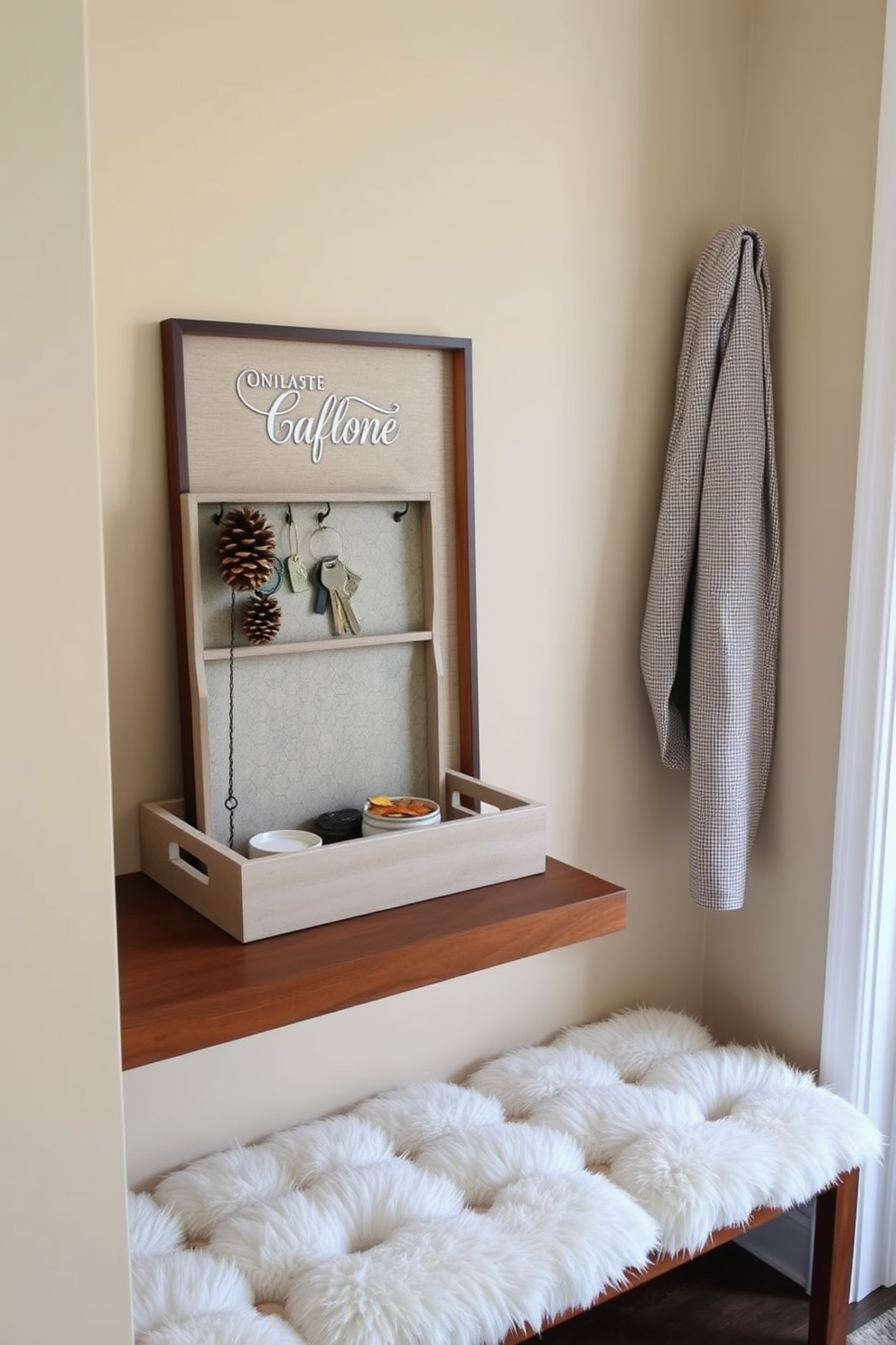 A stylish mudroom features a set of decorative trays arranged on a wooden console table. One tray holds keys and small essentials while another displays seasonal decor elements like pinecones and autumn leaves. The walls are painted in a soft beige tone, complementing the warm wood tones of the furniture. A cozy bench with plush cushions invites guests to sit while they remove shoes, creating an inviting atmosphere.