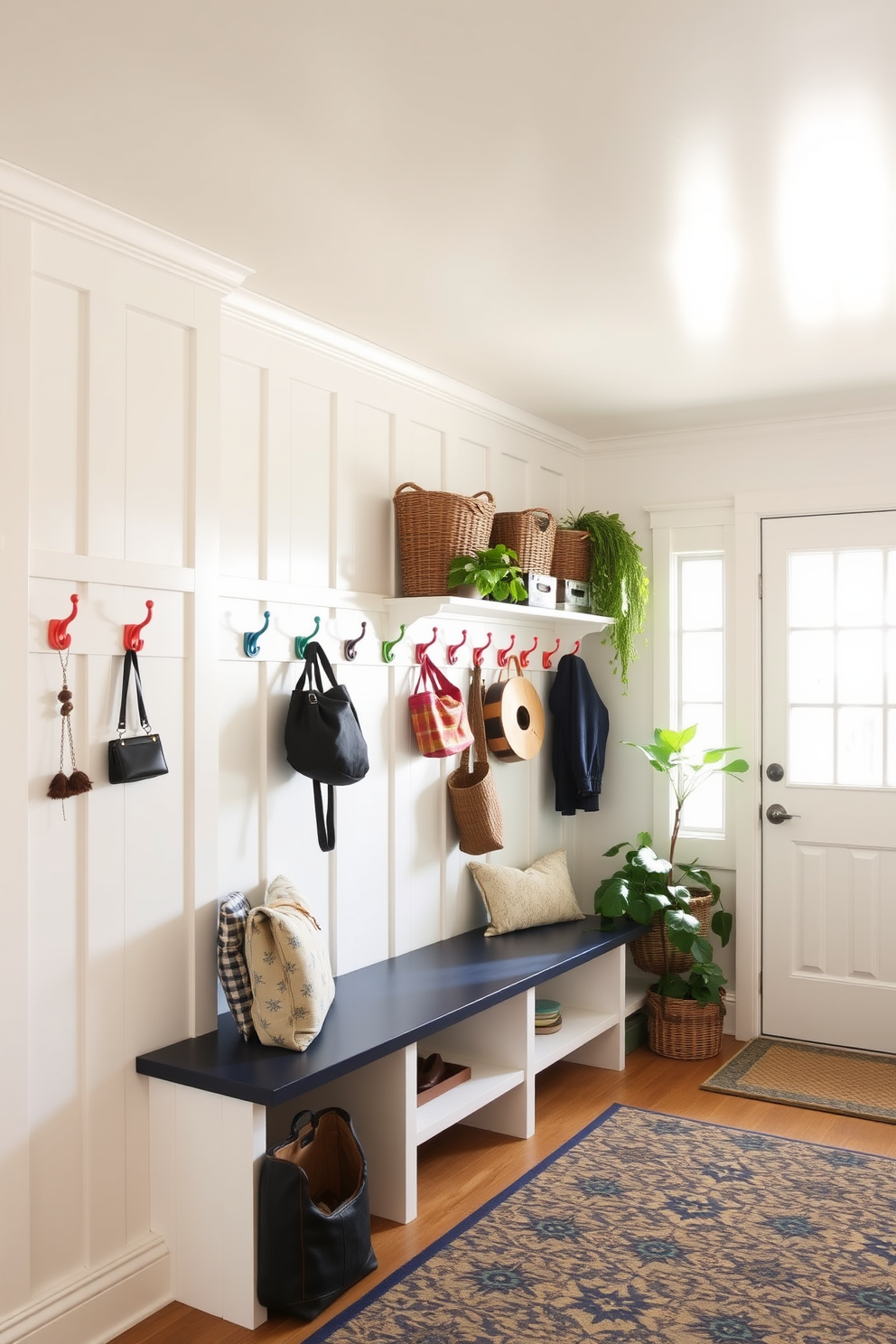 Bright lighting floods the mudroom, illuminating a spacious area designed for functionality and style. The walls are painted in a crisp white, complemented by a navy blue bench with built-in storage underneath. Colorful hooks line the wall, providing ample space for coats and bags, while a patterned rug adds warmth to the space. Decorative baskets are neatly arranged on the shelves, and a cheerful arrangement of potted plants brings life to the room.