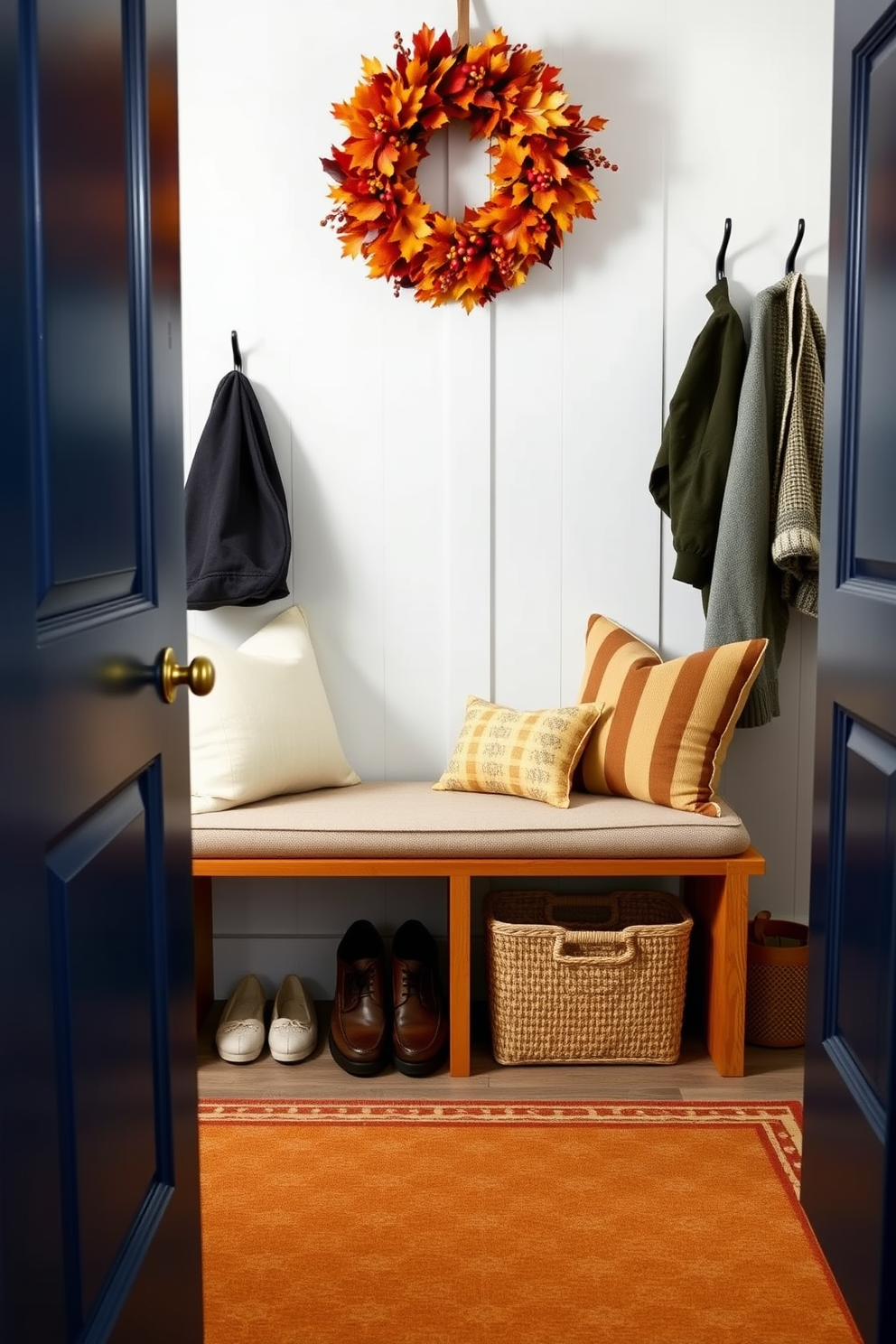 A charming seasonal wreath made of vibrant autumn leaves and berries adorns the front door, welcoming guests with a touch of seasonal warmth. The door is painted in a rich navy blue, creating a striking contrast with the colorful wreath. The mudroom features a cozy bench with plush cushions, surrounded by hooks for hanging jackets and bags. A patterned rug with warm tones lies beneath, adding comfort and style to the space while providing a functional area for shoes.