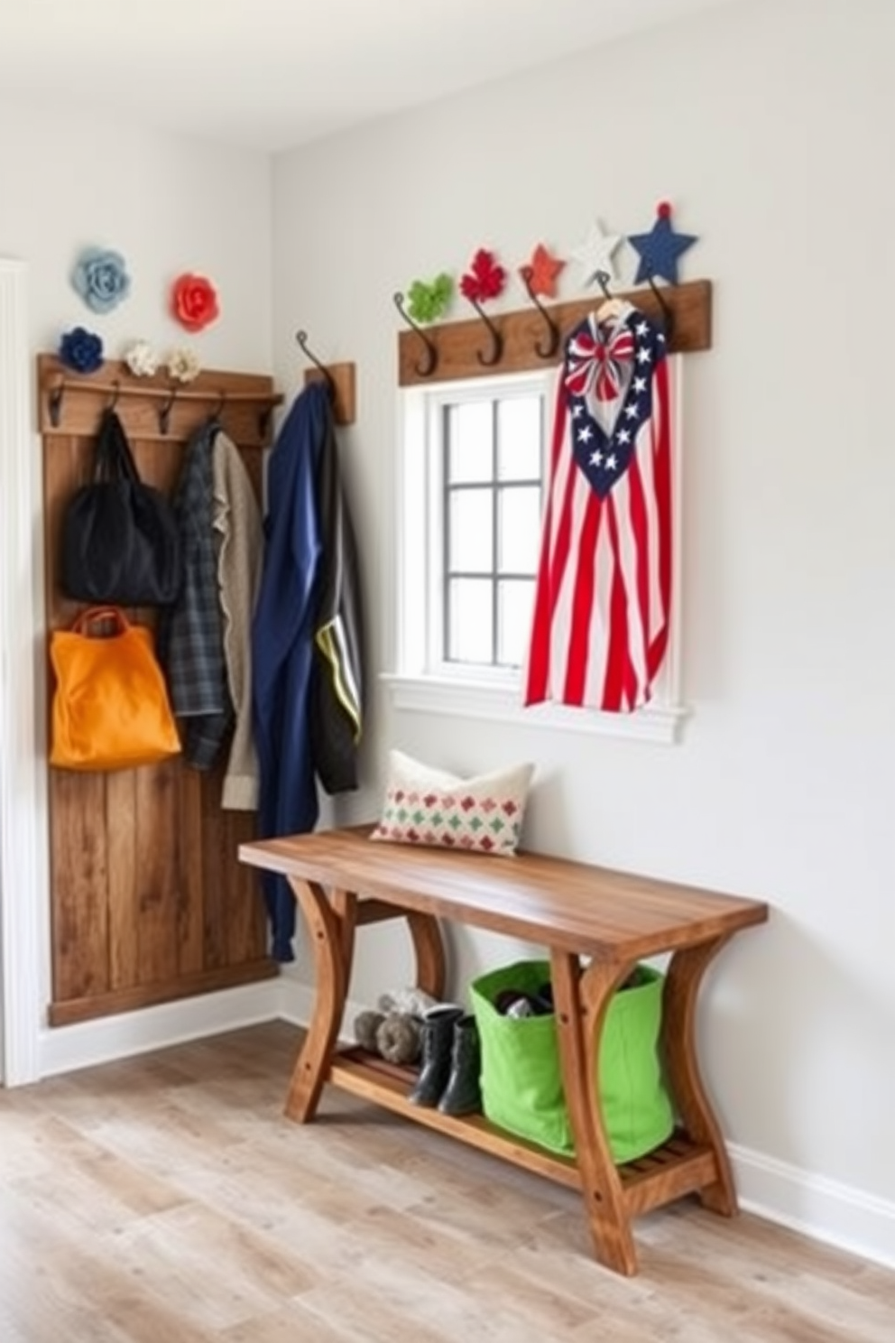 A functional folding table is set against the wall in a well-organized mudroom. The table is made of reclaimed wood and features a sturdy design, providing ample space for sorting shoes and bags. Decorative hooks line the wall above the table, showcasing vibrant colors that reflect the spirit of Labor Day. A cozy bench with plush cushions sits below a window, creating a welcoming spot to relax and put on shoes.