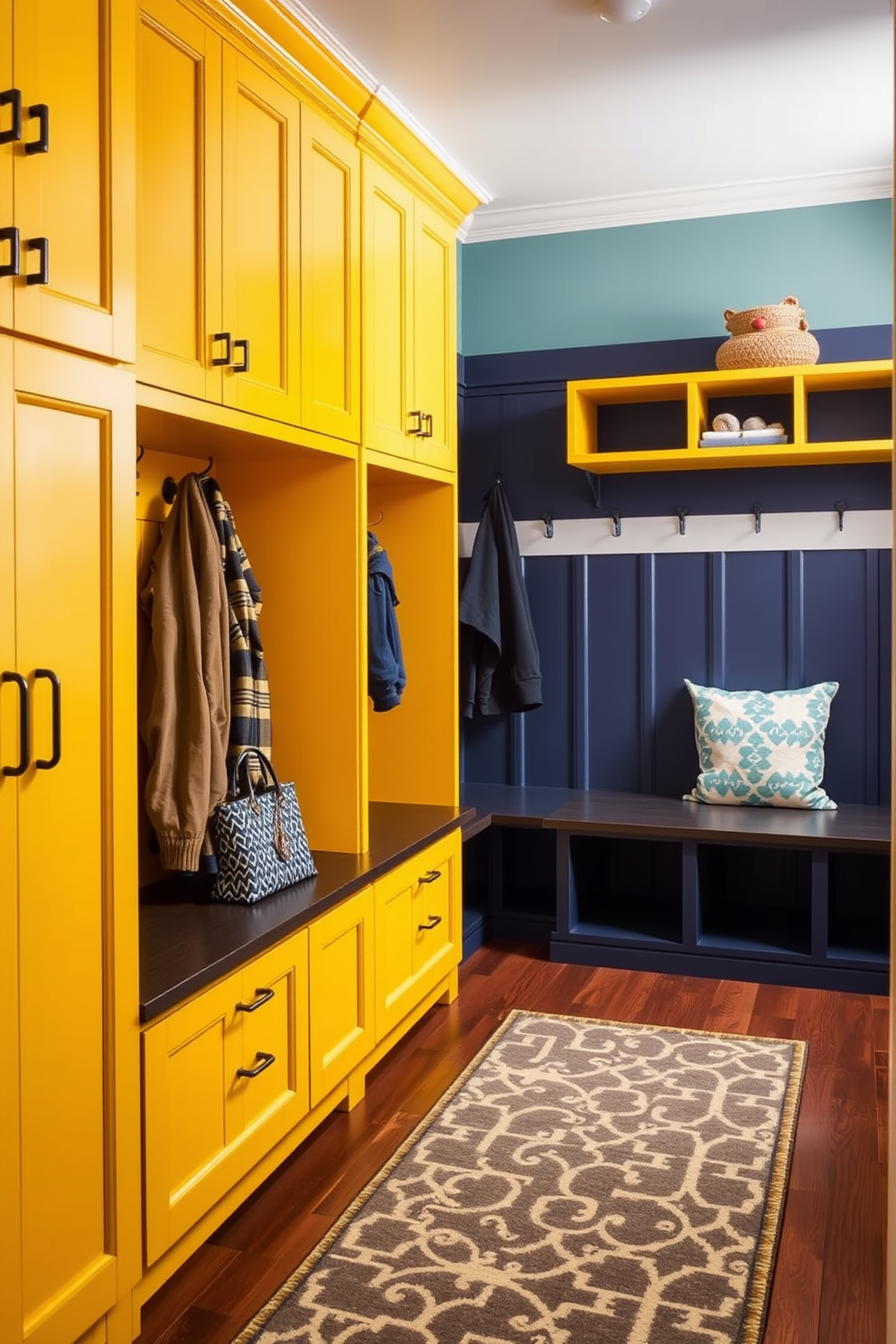 Brightly painted cabinetry adds a vibrant touch to a mudroom, creating an inviting and cheerful atmosphere. The cabinetry features a mix of bold colors, such as sunny yellow and deep navy, complemented by stylish hardware for a modern look. The mudroom is designed with functional elements like built-in benches and hooks for coats, ensuring practicality alongside aesthetics. A patterned rug on the floor ties the space together, enhancing the overall visual appeal while providing comfort.