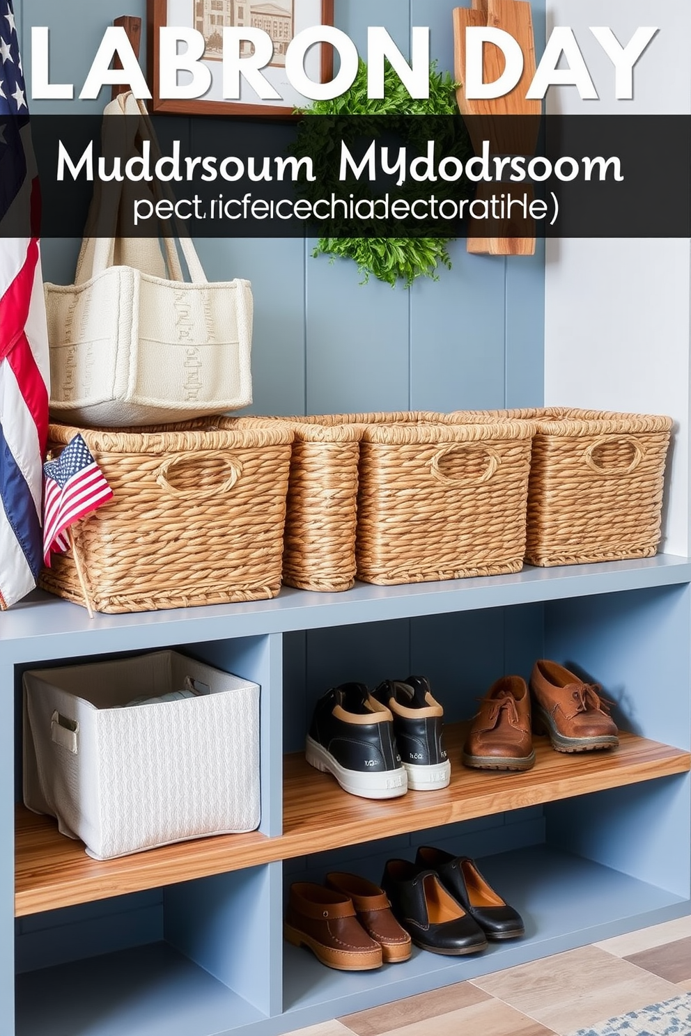 Stylish storage baskets for shoes are arranged neatly in a modern mudroom. The baskets are made of woven natural fibers and are placed on a sleek wooden shelf, providing both functionality and aesthetic appeal. Labor Day mudroom decorating ideas include a fresh coat of paint in a soft blue hue. Complementing this are seasonal decorations such as small American flags and rustic wooden accents that celebrate the holiday while maintaining a welcoming atmosphere.