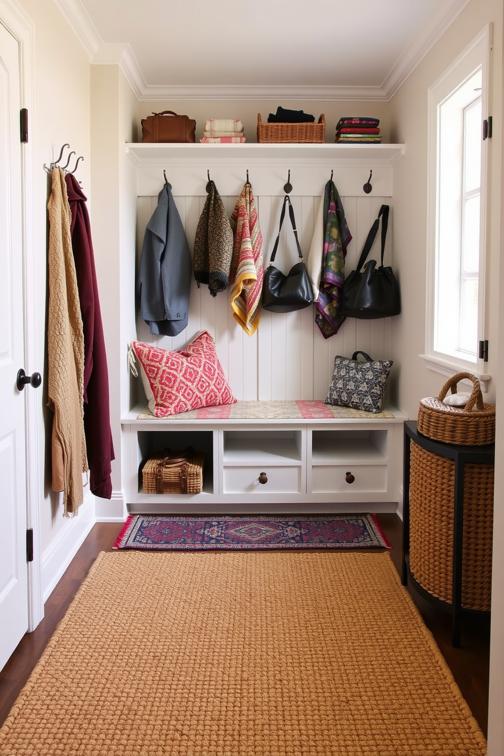 A cozy mudroom featuring layered rugs in various textures and patterns. The space includes a built-in bench with storage underneath, surrounded by hooks for coats and bags. The walls are painted in a soft neutral tone, creating a warm and inviting atmosphere. A vibrant, patterned rug lies beneath the bench, while a larger jute rug adds depth to the floor.