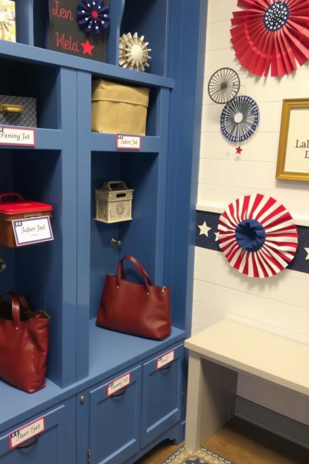 Personalized name tags are affixed to each cubby in the mudroom, adding a touch of individuality and organization. The space is adorned with seasonal decorations for Labor Day, featuring red, white, and blue accents that create a festive atmosphere.